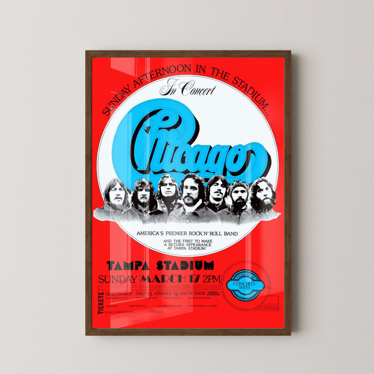Chicago Band Concert Poster – Rock & Jazz Fusion Art – dark wood frame mockup