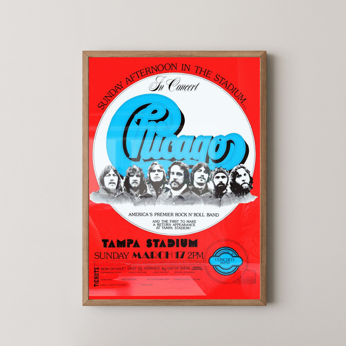 Chicago Band Concert Poster – Rock & Jazz Fusion Art – light wood frame mockup