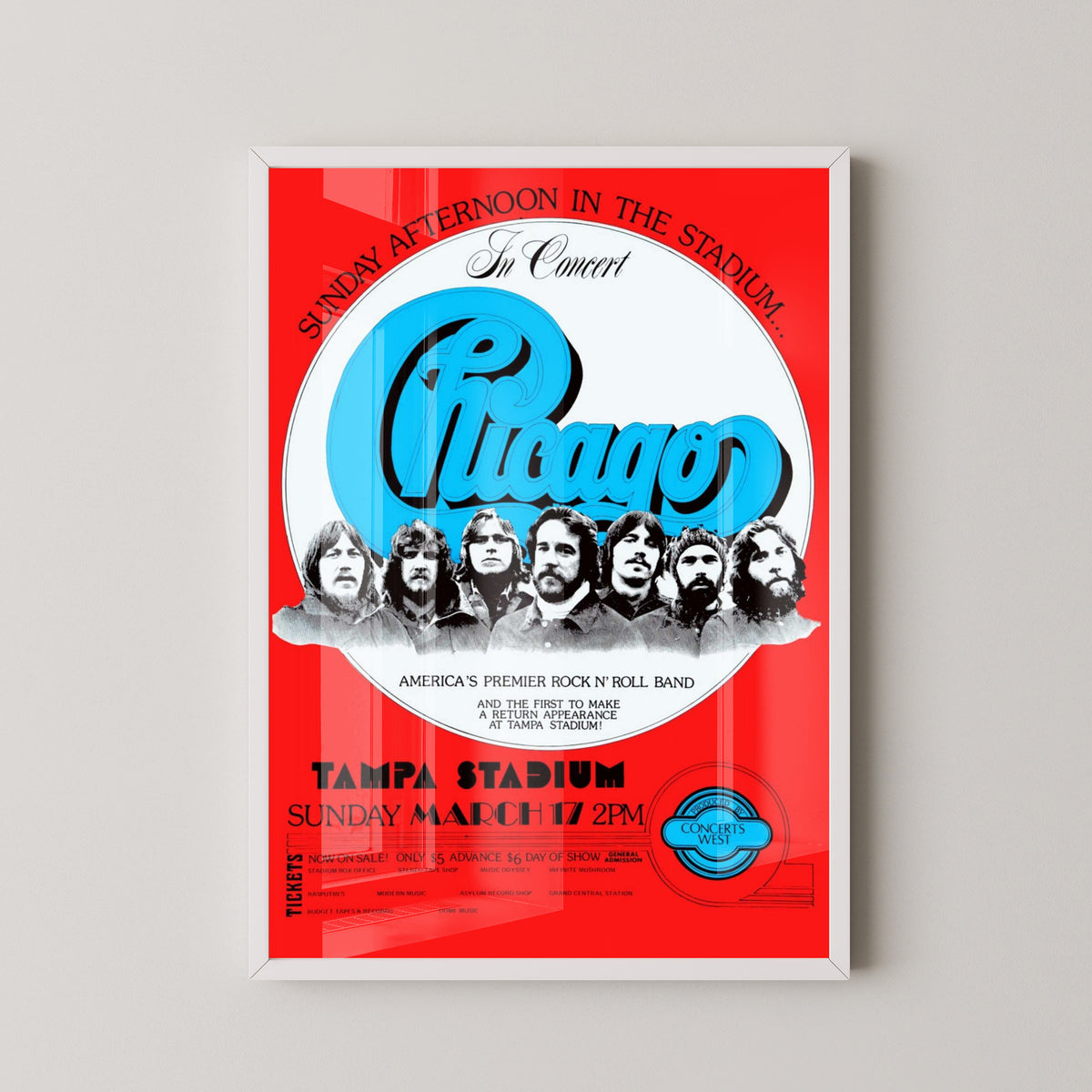 Chicago Band Concert Poster – Rock & Jazz Fusion Art – white frame mockup