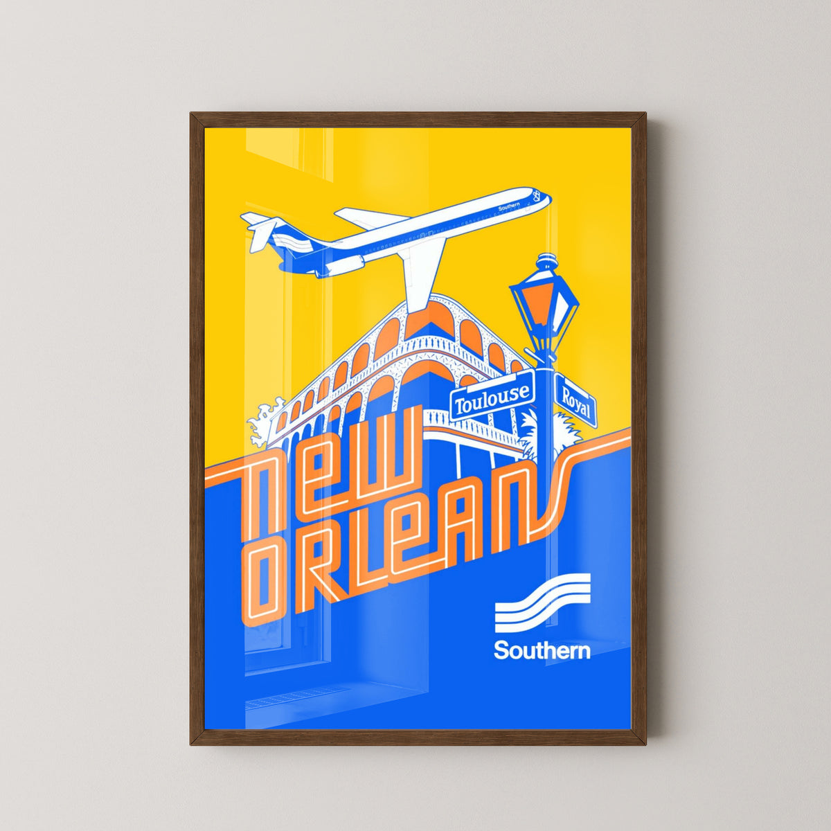 New Orleans Vintage Poster | Southern Airlines Poster Print – dark wood frame mockup