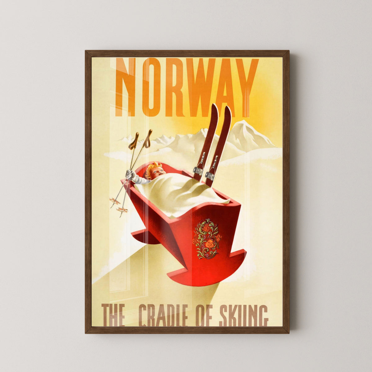 Vintage Ski Norway Poster | Winter Sports Wall Art – dark wood frame mockup