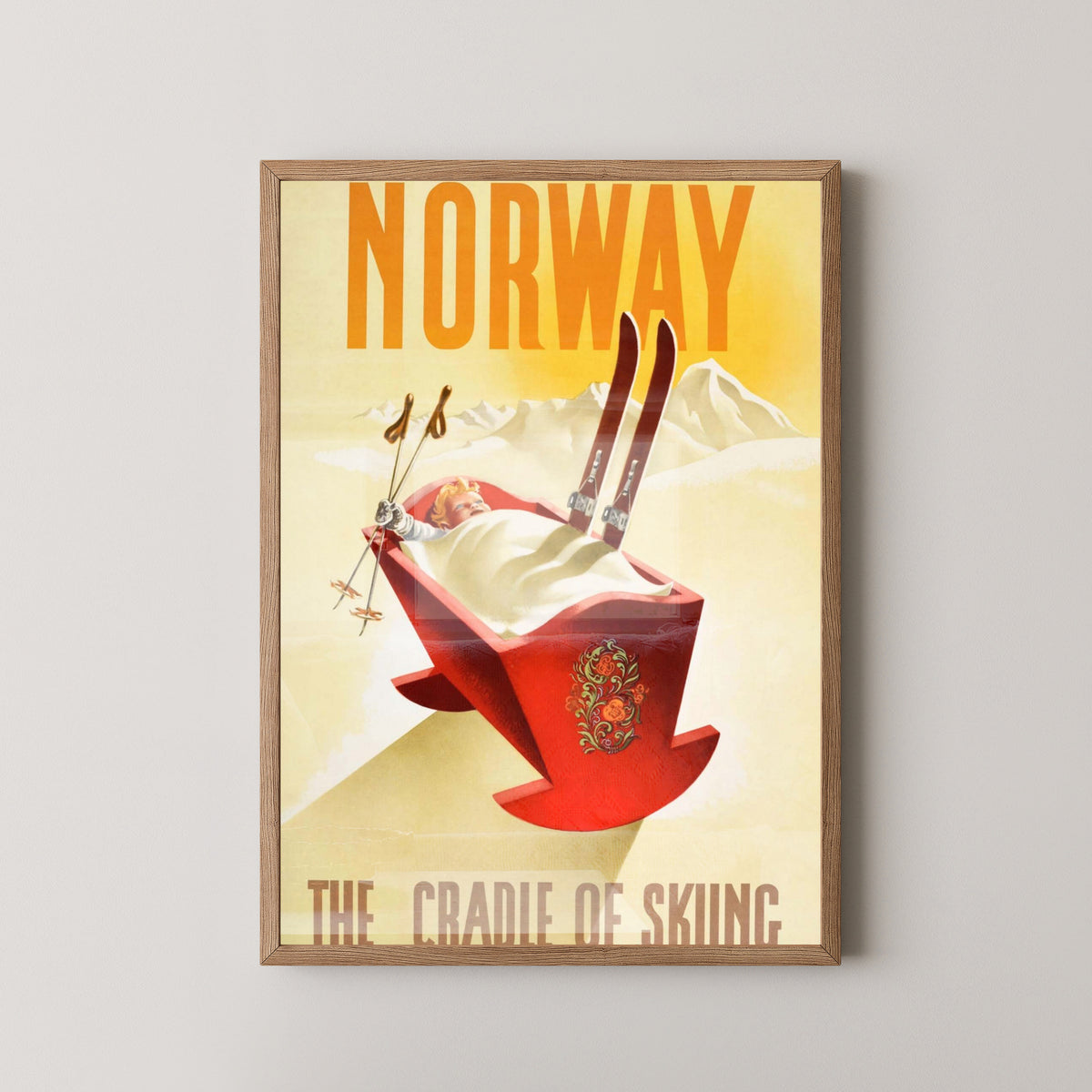 Vintage Ski Norway Poster | Winter Sports Wall Art – light wood frame mockup