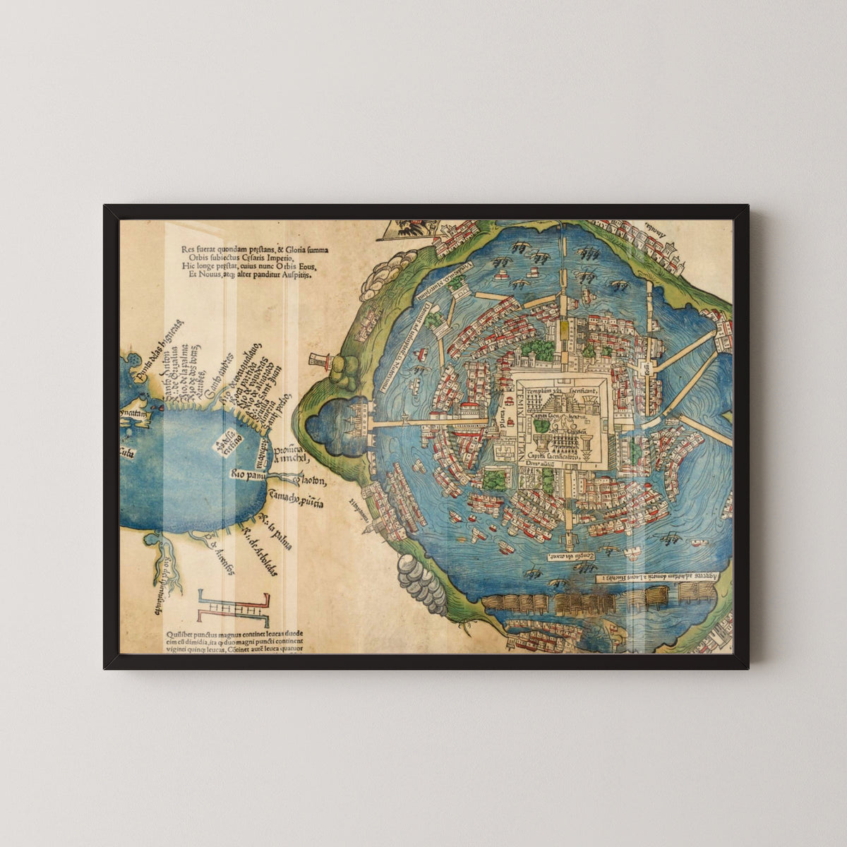 Tenochtitlán Aztec Map Poster – Cortés-Era Mexico Art – black frame mockup
