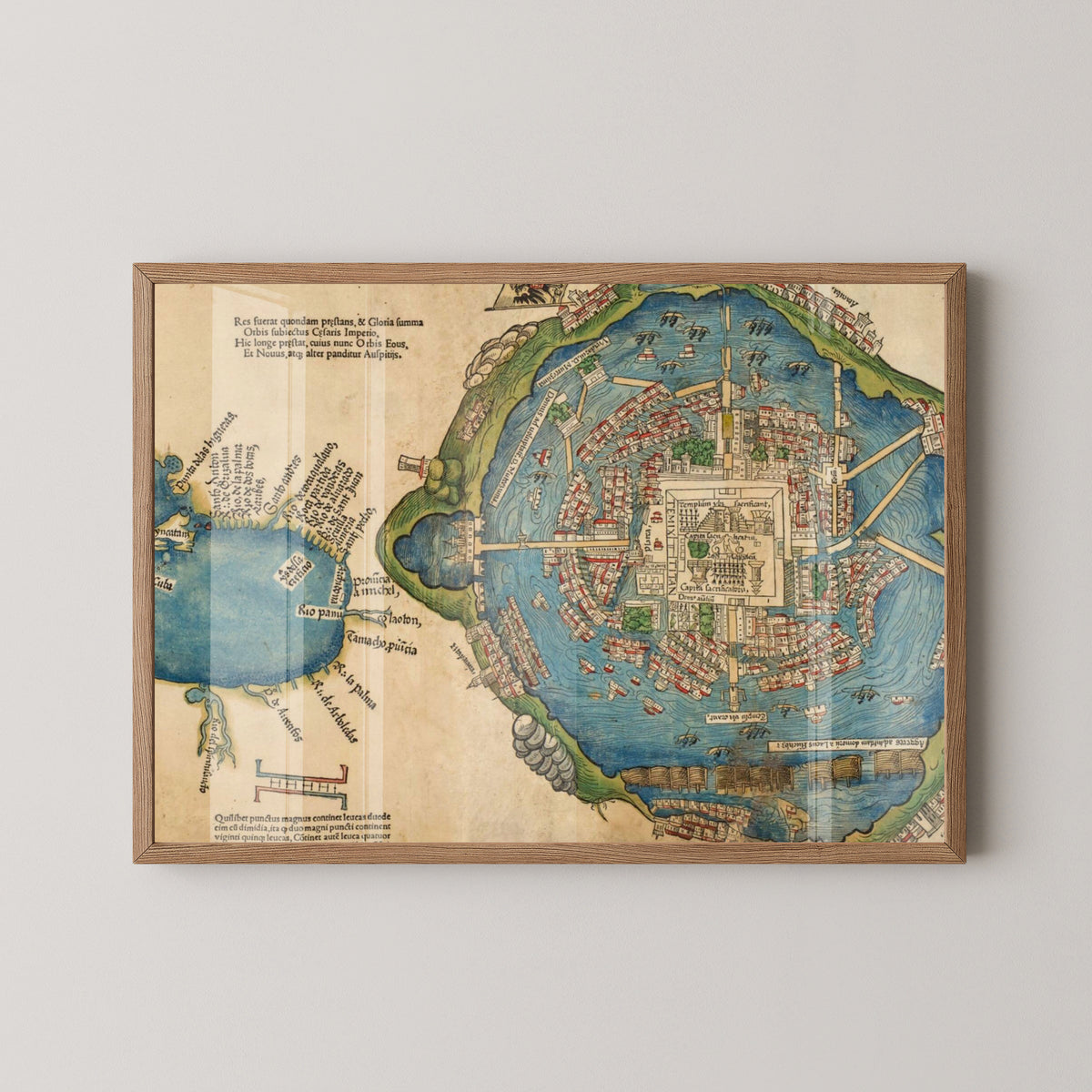 Tenochtitlán Aztec Map Poster – Cortés-Era Mexico Art – light wood frame mockup