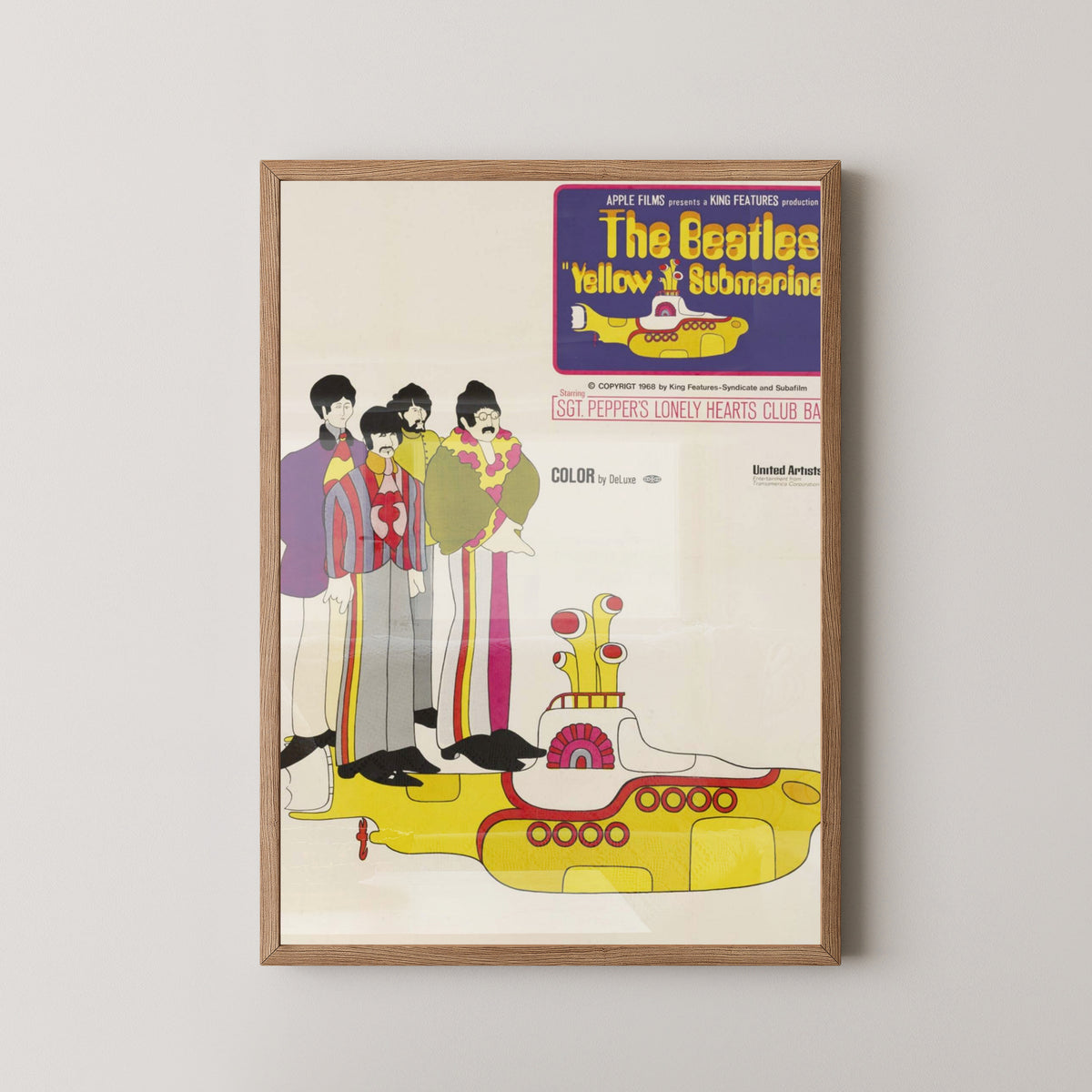 The Beatles Yellow Submarine Psychedelic Poster – light wood frame mockup