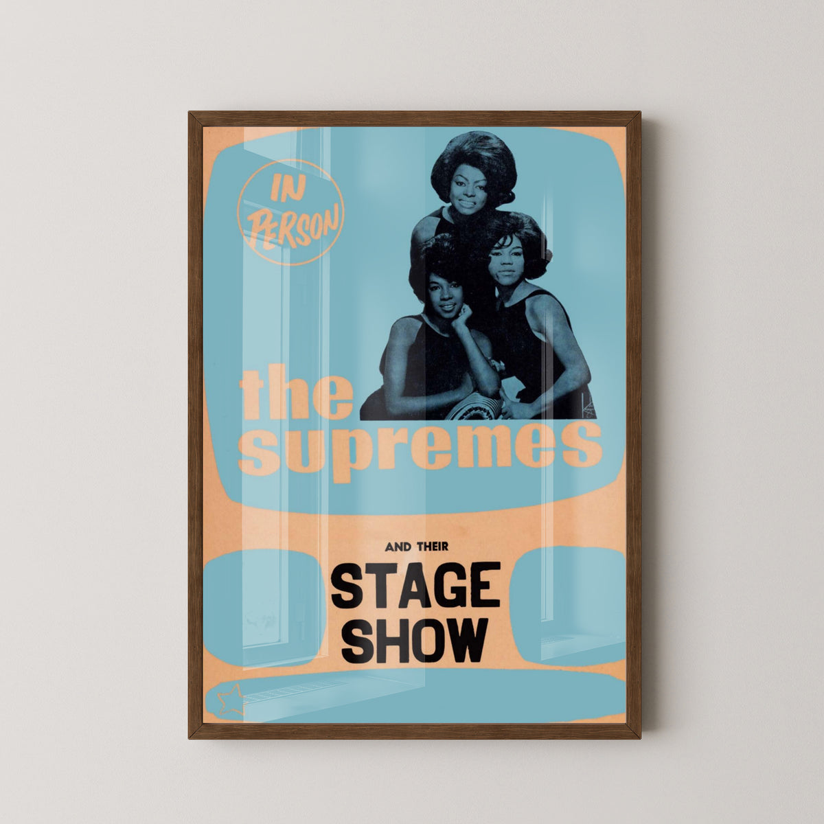 The Supremes Vintage Group Concert Poster – dark wood frame mockup