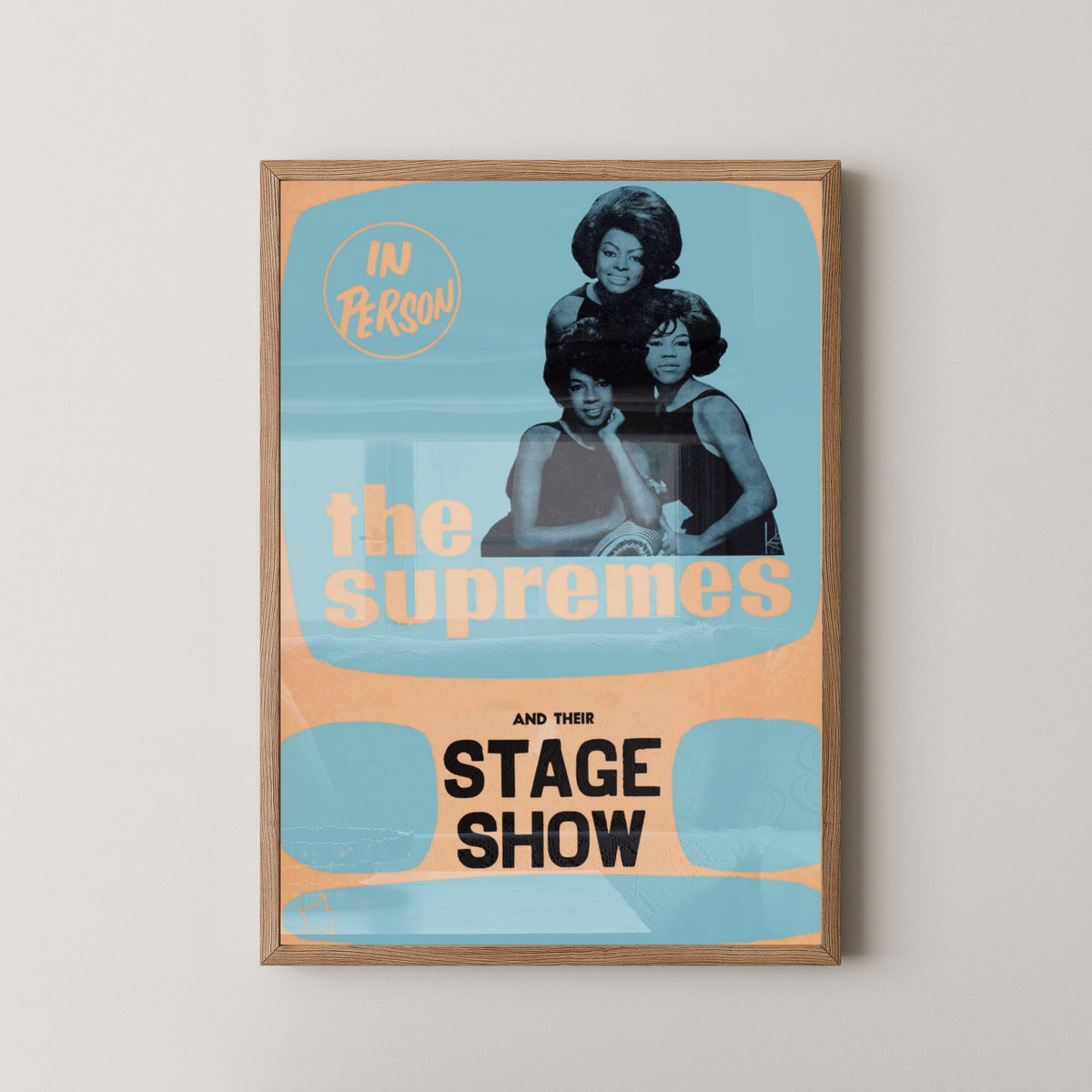 The Supremes Vintage Group Concert Poster – light wood frame mockup