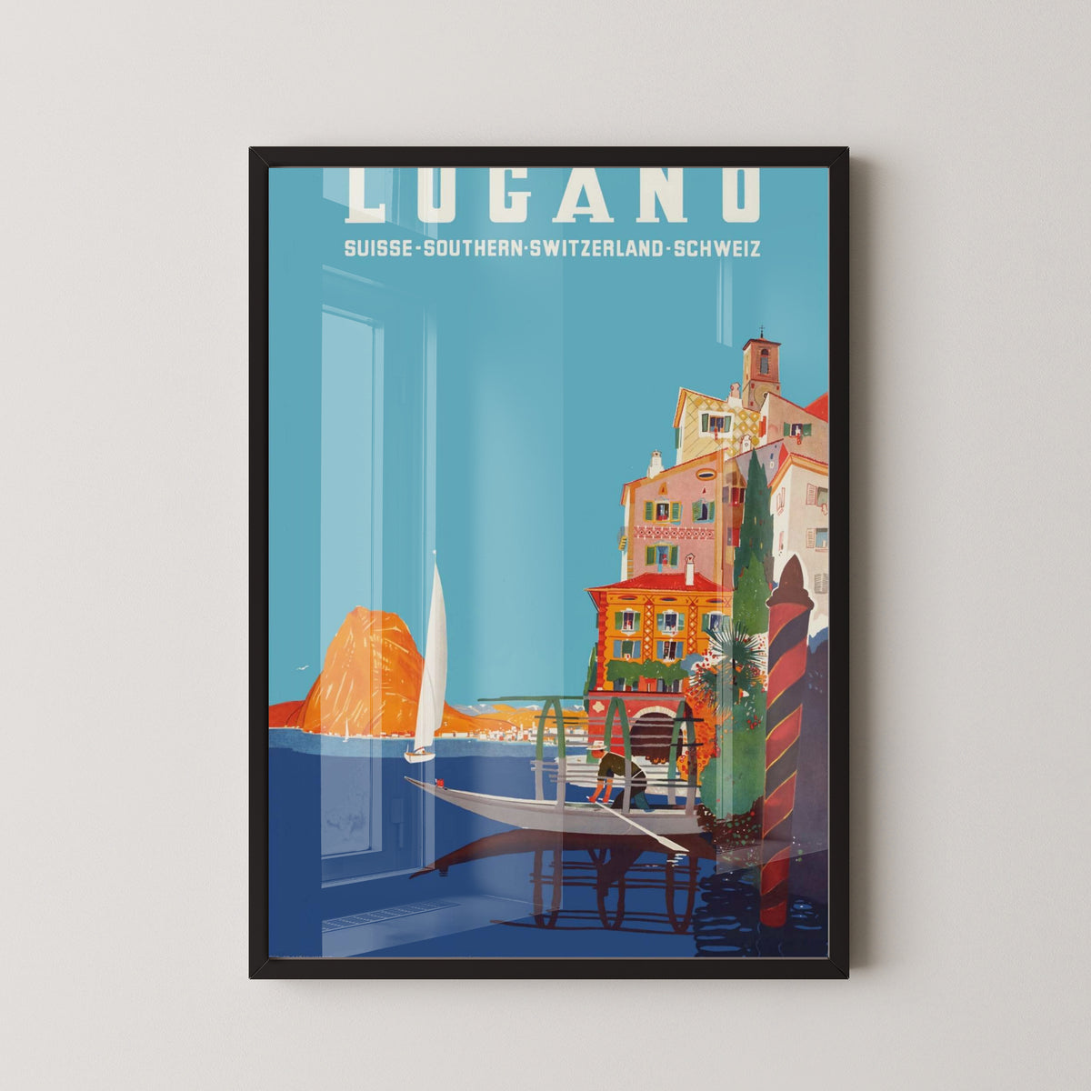 Lugano Vintage Travel Poster – Swiss Lake Art – black frame mockup