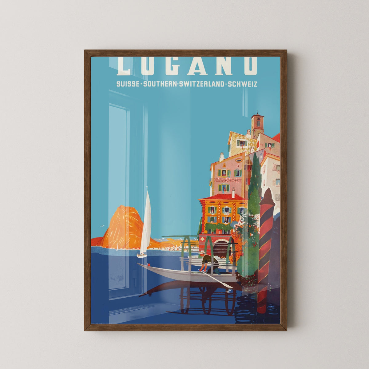 Lugano Vintage Travel Poster – Swiss Lake Art – dark wood frame mockup
