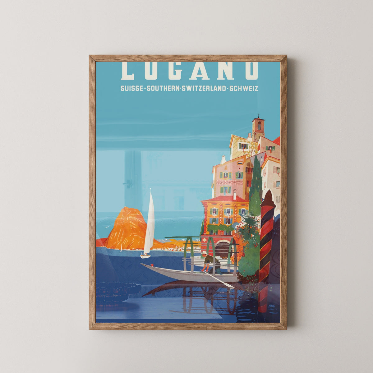 Lugano Vintage Travel Poster – Swiss Lake Art – light wood frame mockup