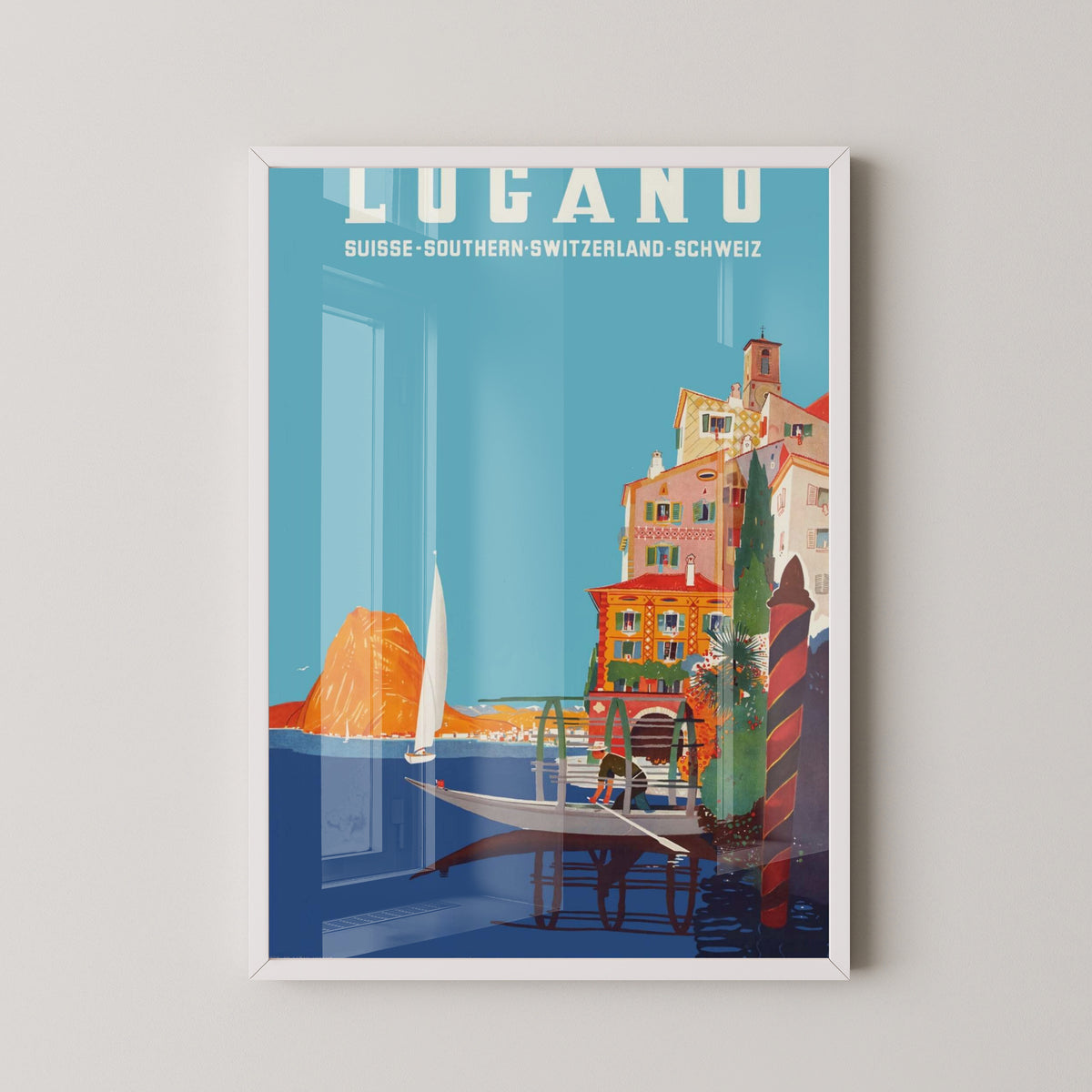 Lugano Vintage Travel Poster – Swiss Lake Art – white frame mockup