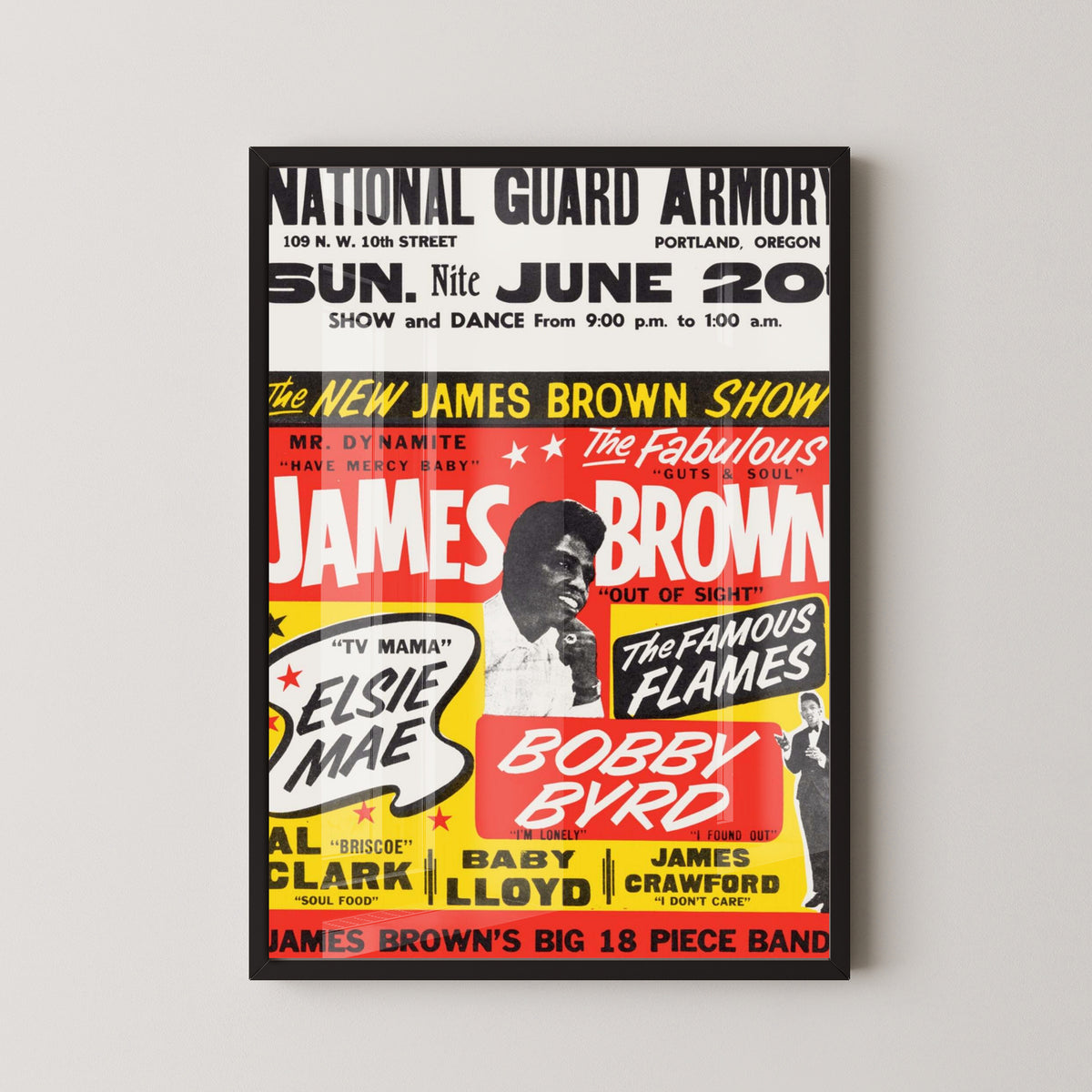 James Brown 1965 Concert Poster – Vintage Soul Art – black frame mockup