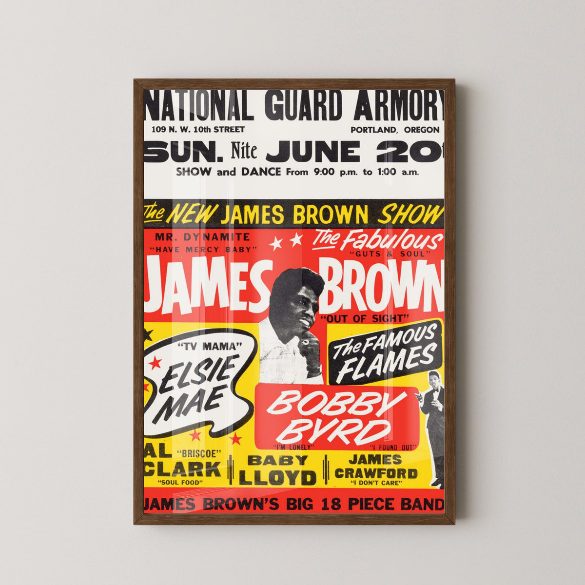 James Brown 1965 Concert Poster – Vintage Soul Art – dark wood frame mockup