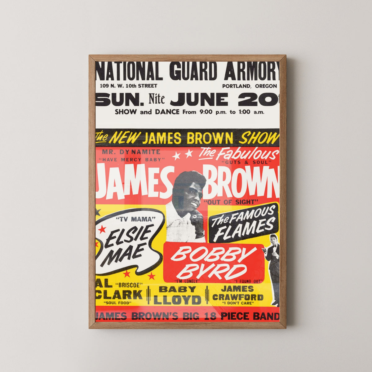 James Brown 1965 Concert Poster – Vintage Soul Art – light wood frame mockup