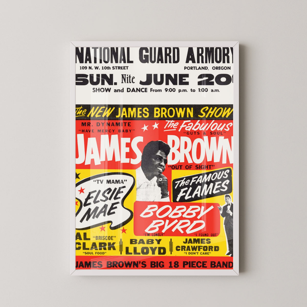 James Brown 1965 Concert Poster – Vintage Soul Art – white frame mockup
