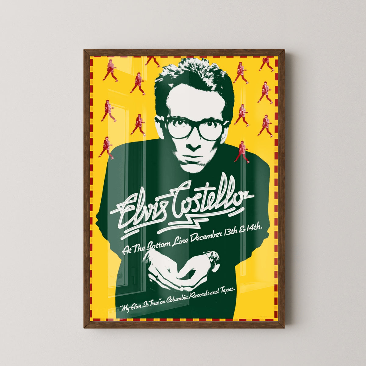 Elvis Costello Concert Poster – New Wave Rock Art – dark wood frame mockup
