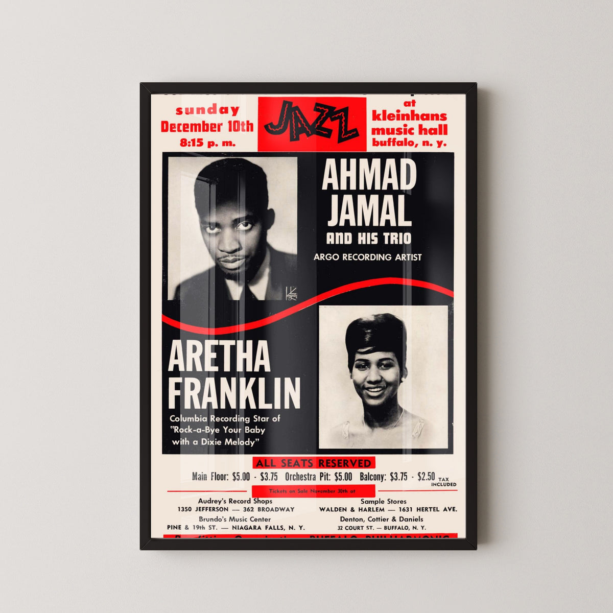 Ahmad Jamal & Aretha Franklin Jazz Concert Poster – black frame mockup