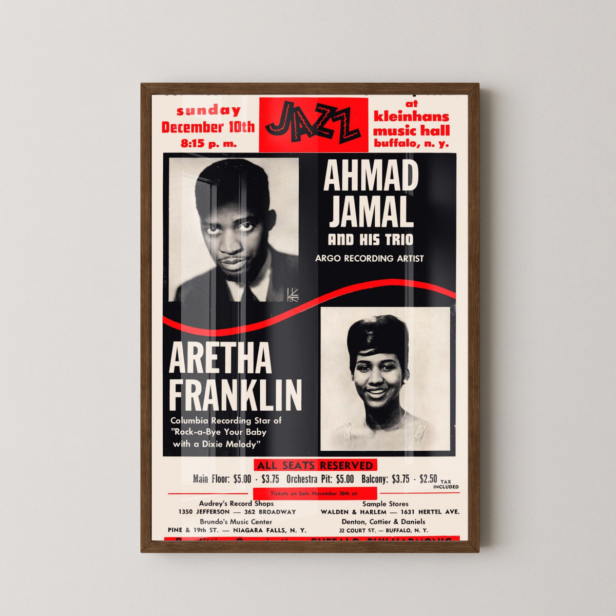 Ahmad Jamal & Aretha Franklin Jazz Concert Poster – dark wood frame mockup