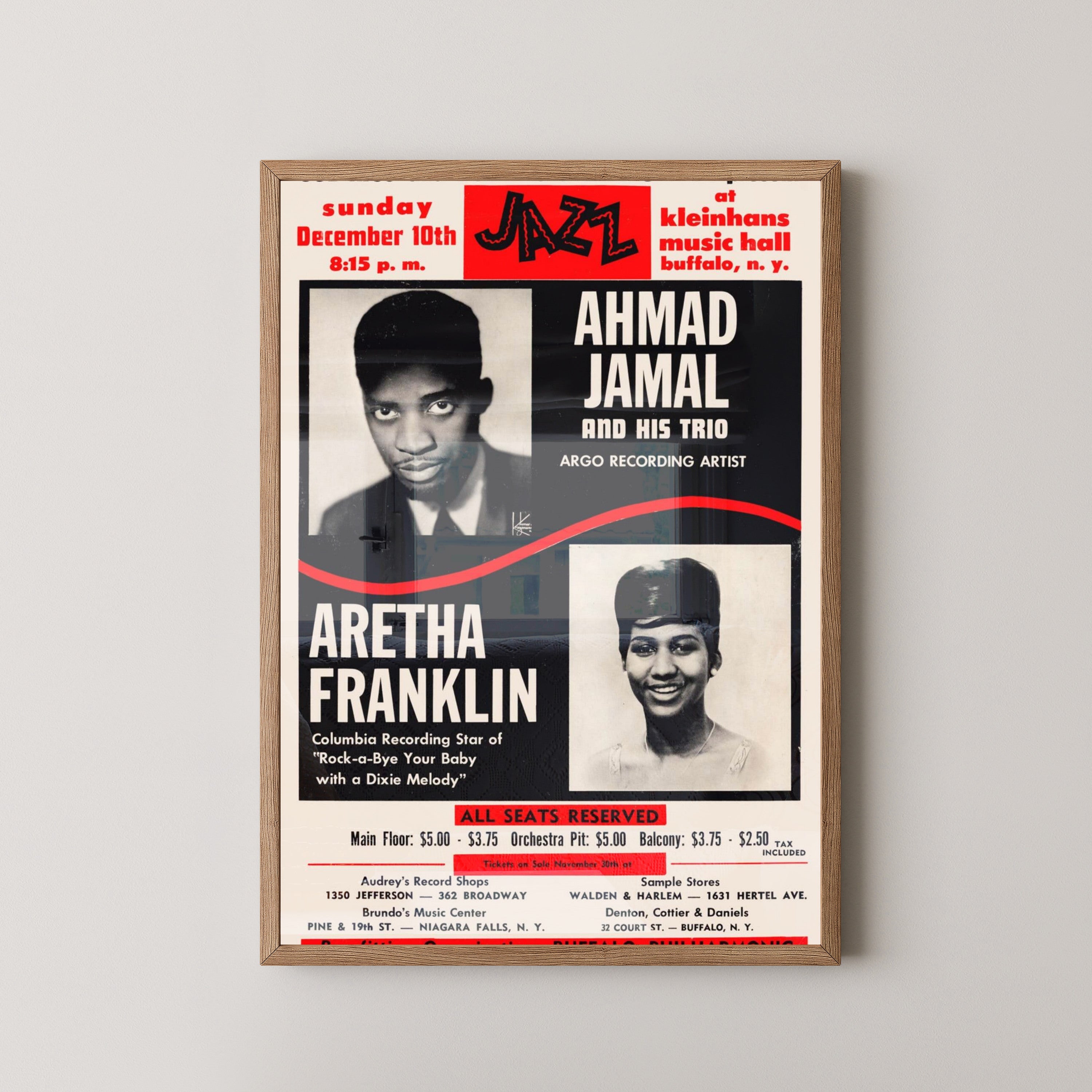 Ahmad Jamal & Aretha Franklin Jazz Concert Poster – light wood frame mockup