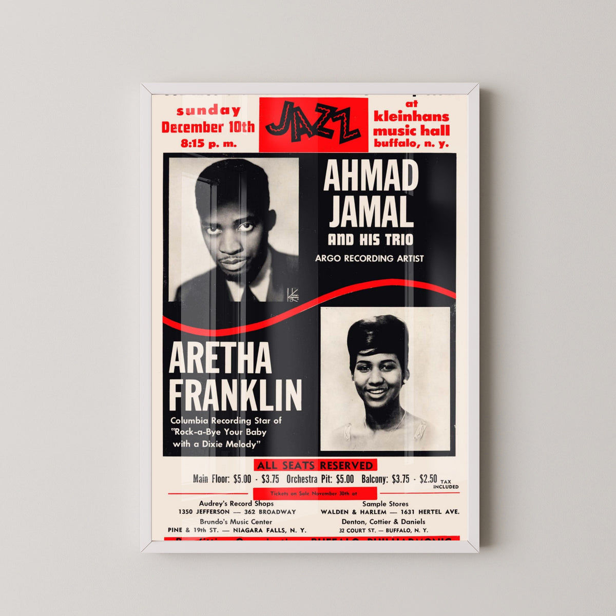 Ahmad Jamal & Aretha Franklin Jazz Concert Poster – white frame mockup