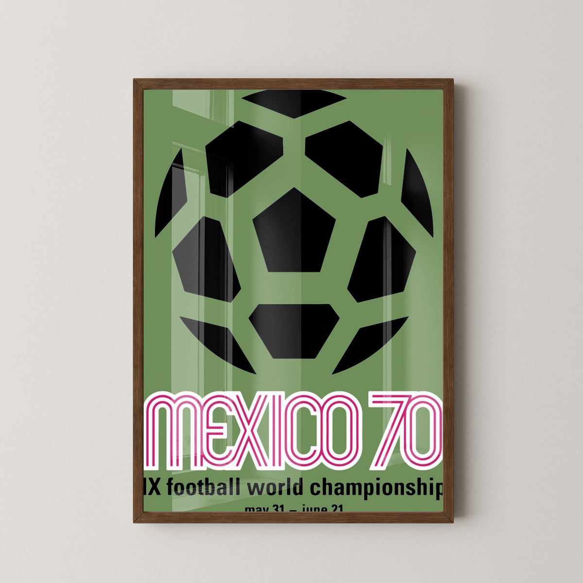 Mexico 1970 World Cup Poster – Vintage Soccer Art – dark wood frame mockup