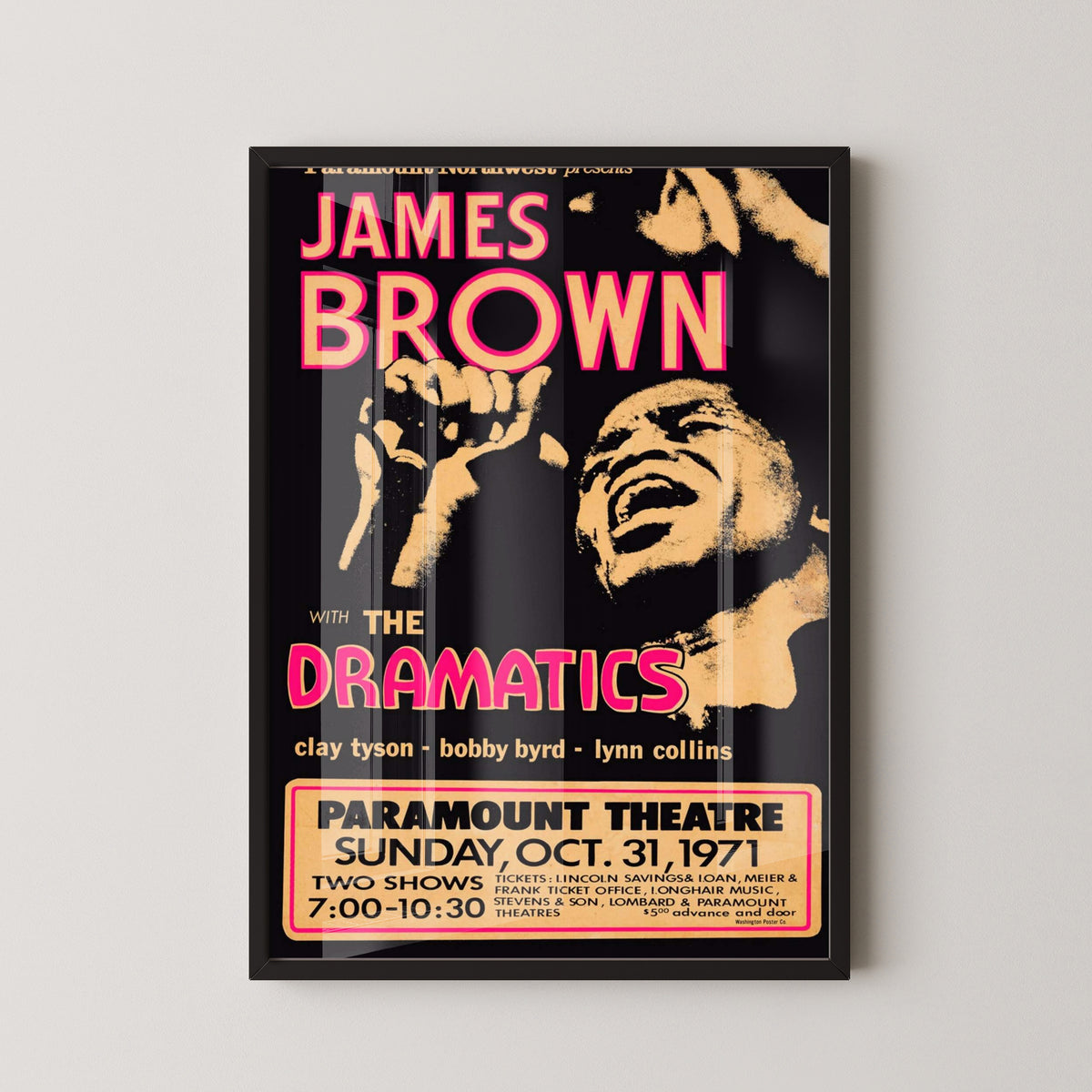 James Brown 1971 Concert Poster – Vintage Soul Art – black frame mockup