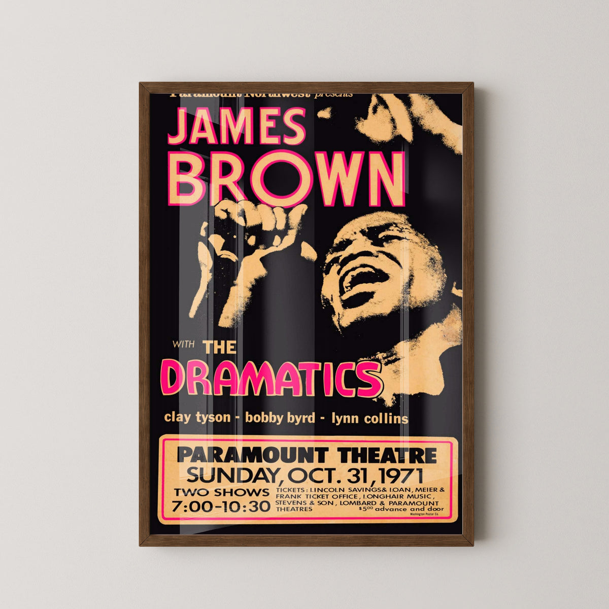 James Brown 1971 Concert Poster – Vintage Soul Art – dark wood frame mockup