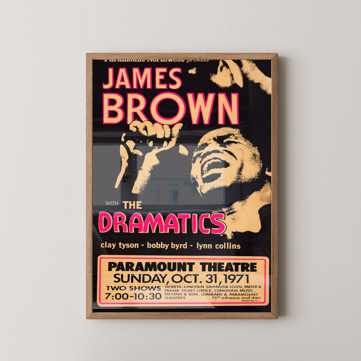 James Brown 1971 Concert Poster – Vintage Soul Art – light wood frame mockup