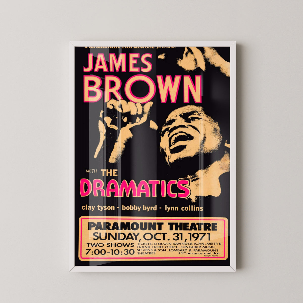 James Brown 1971 Concert Poster – Vintage Soul Art – white frame mockup