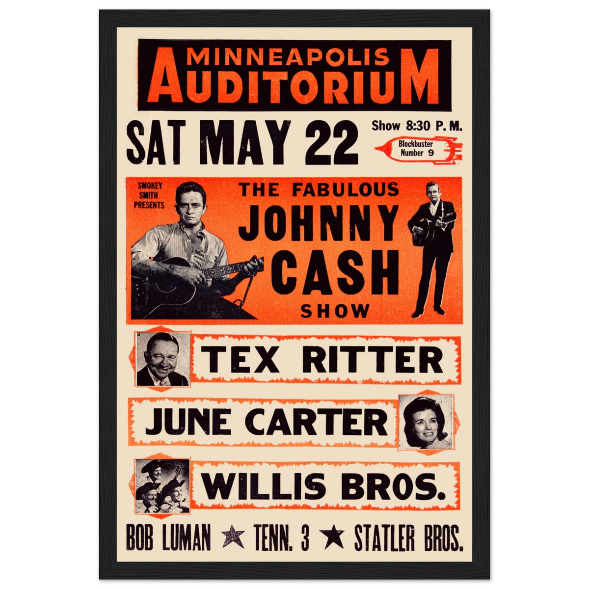 Johnny Cash KRNT Theater 1966 Concert Poster – black frame mockup