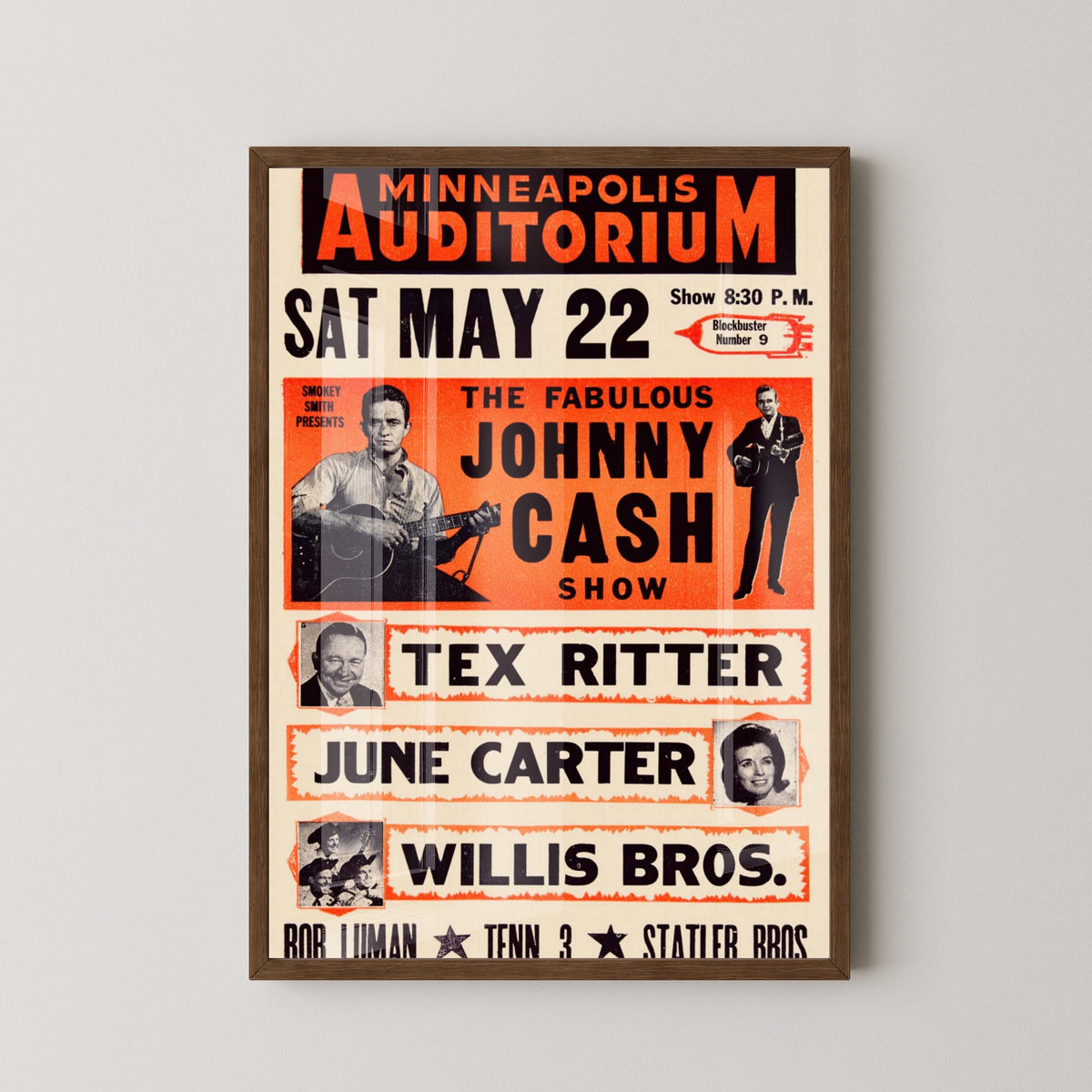 Johnny Cash KRNT Theater 1966 Concert Poster – dark wood frame mockup