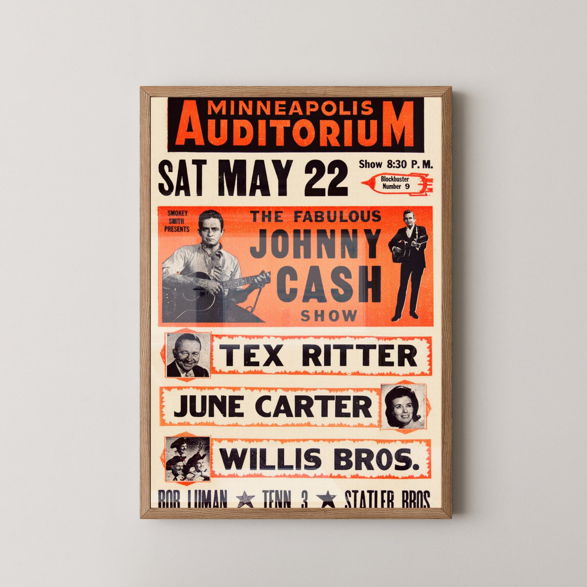 Johnny Cash KRNT Theater 1966 Concert Poster – light wood frame mockup
