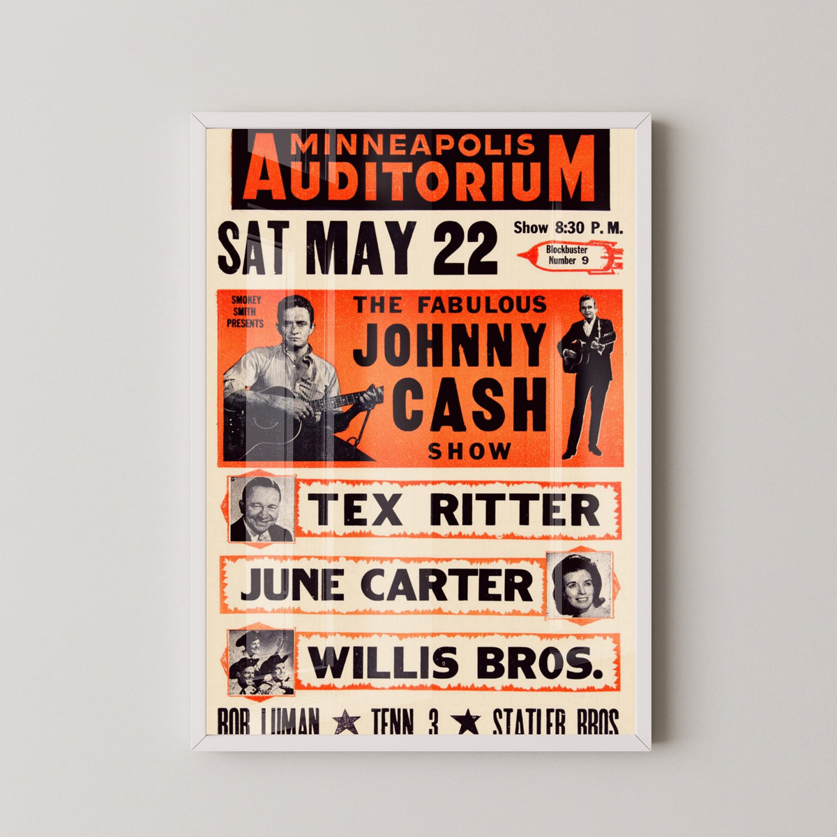Johnny Cash KRNT Theater 1966 Concert Poster – white frame mockup
