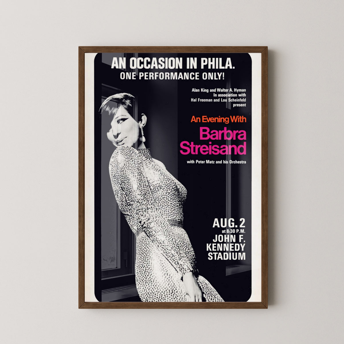 Barbra Streisand Concert Poster – Vintage Music Art – dark wood frame mockup