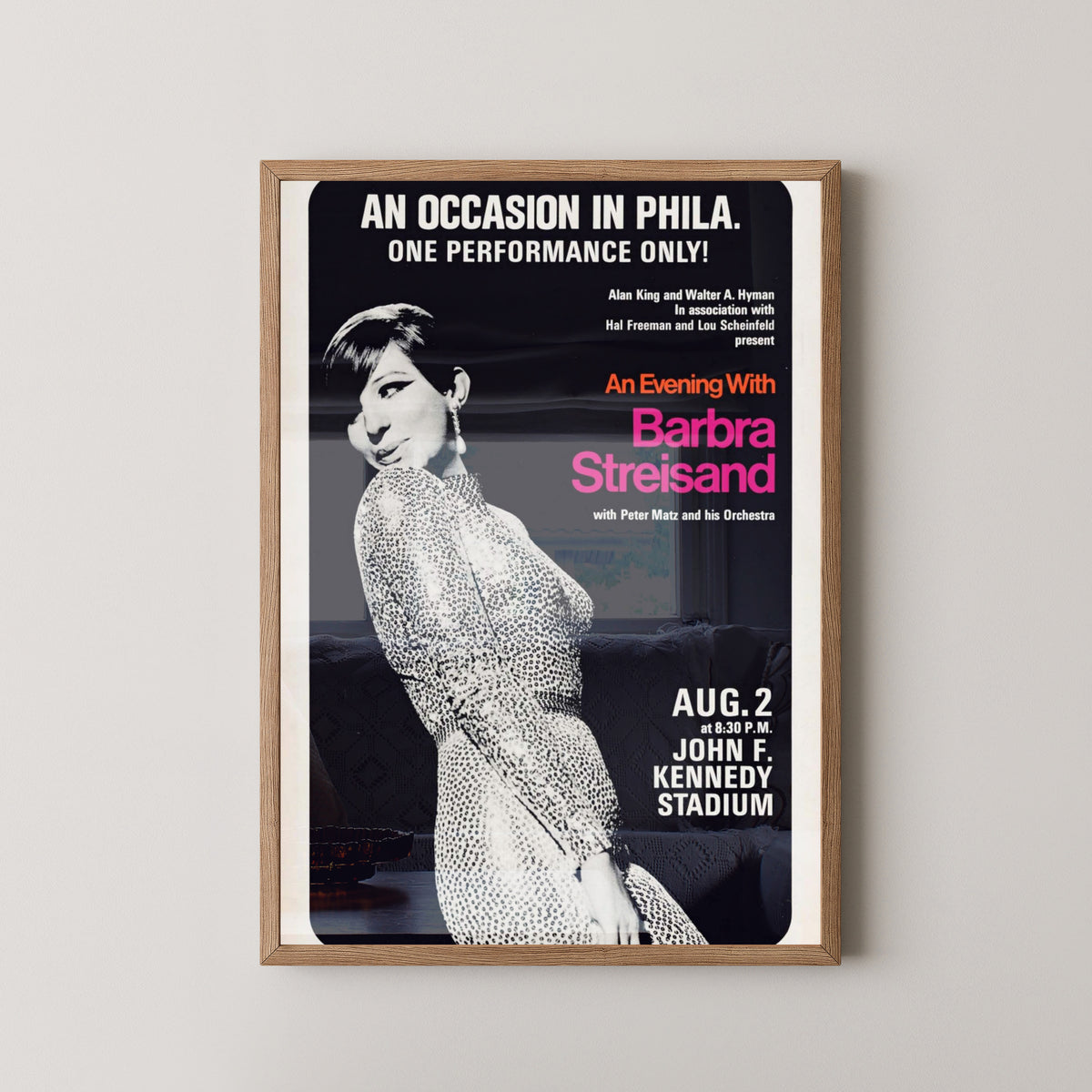 Barbra Streisand Concert Poster – Vintage Music Art – light wood frame mockup
