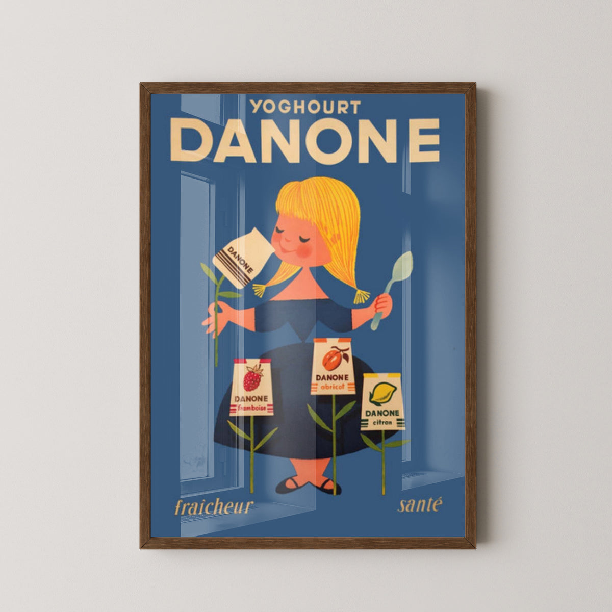 Danone Yogurt Vintage Poster – French Food Advertising – dark wood frame mockup