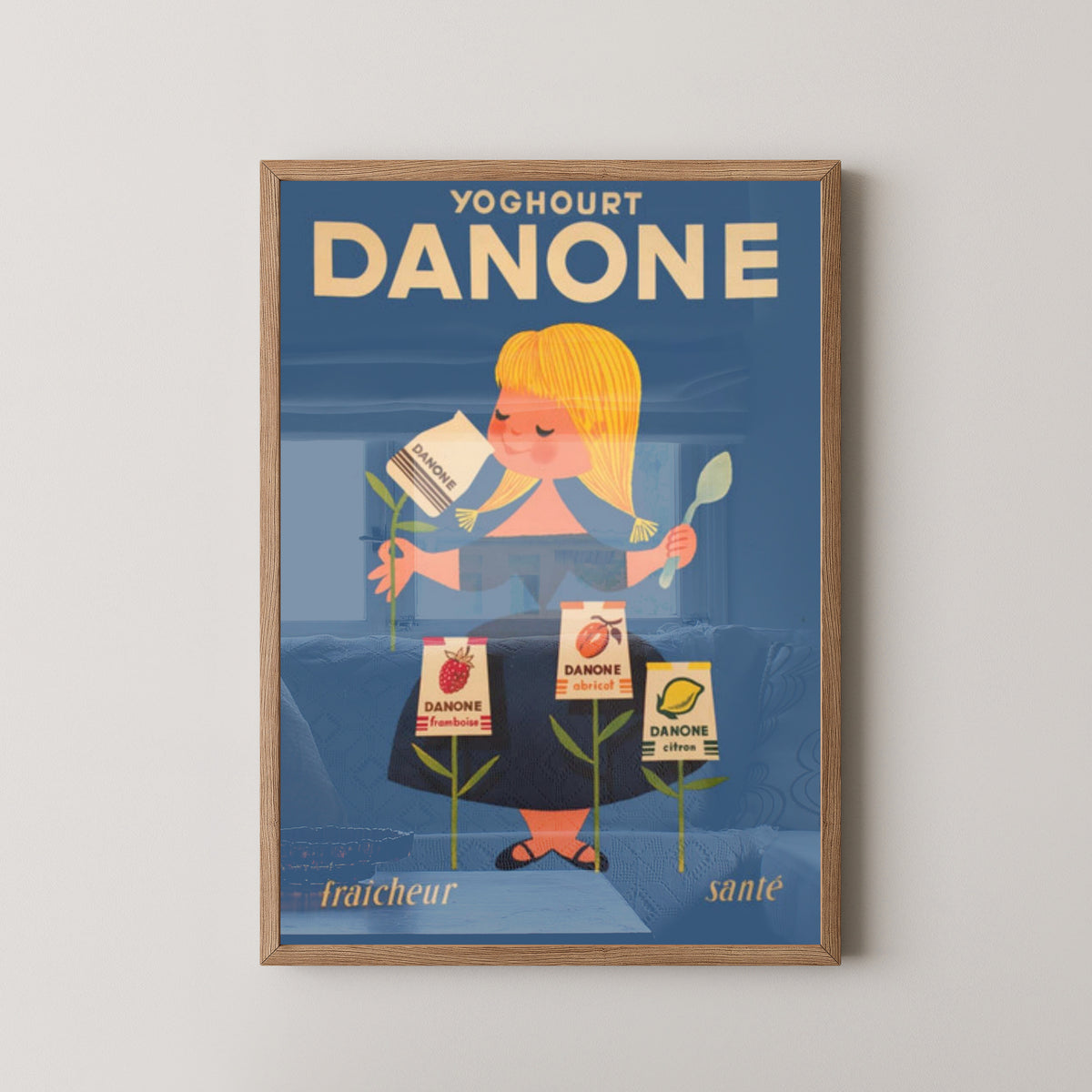 Danone Yogurt Vintage Poster – French Food Advertising – light wood frame mockup