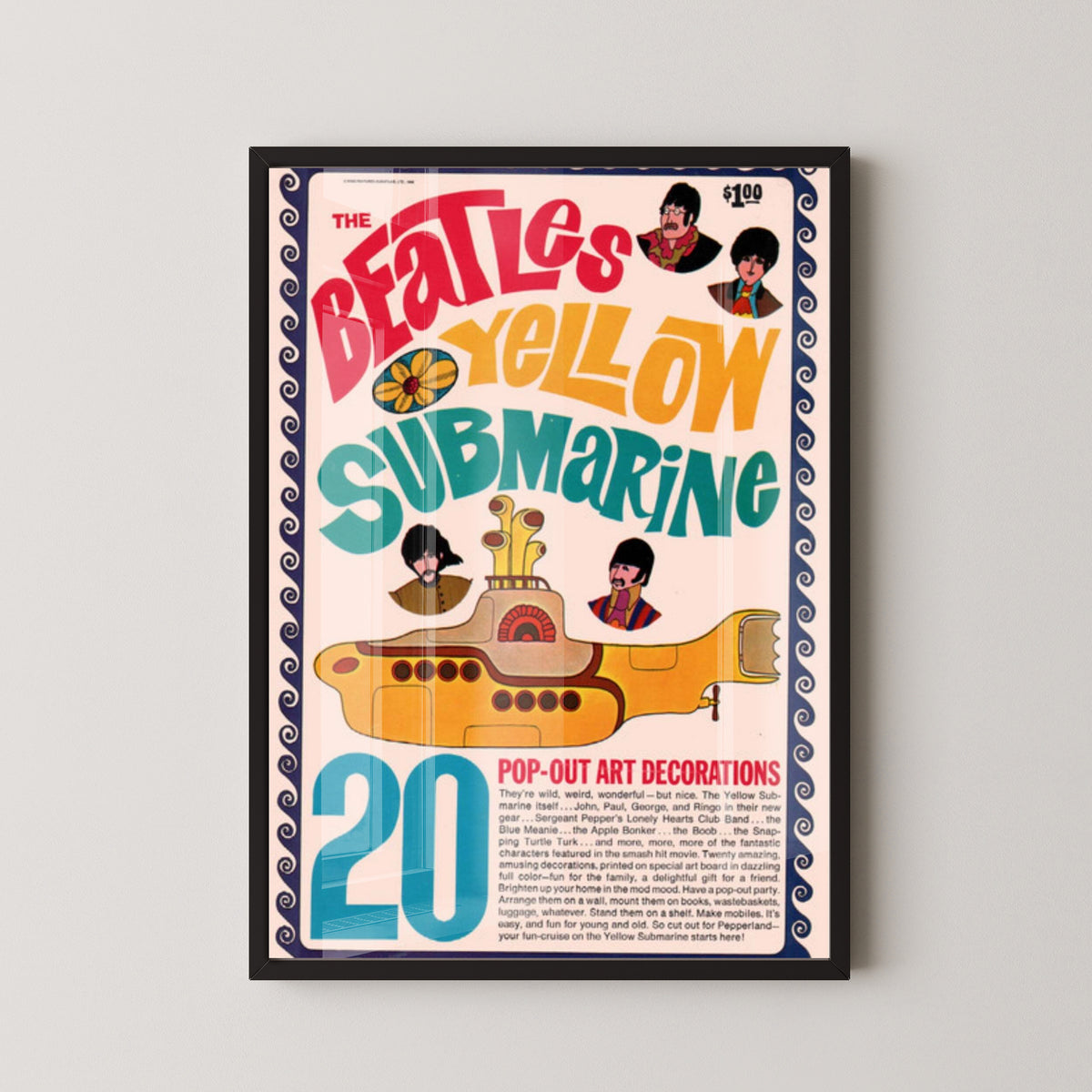 Beatles Yellow Submarine Retro Graphic Poster – black frame mockup