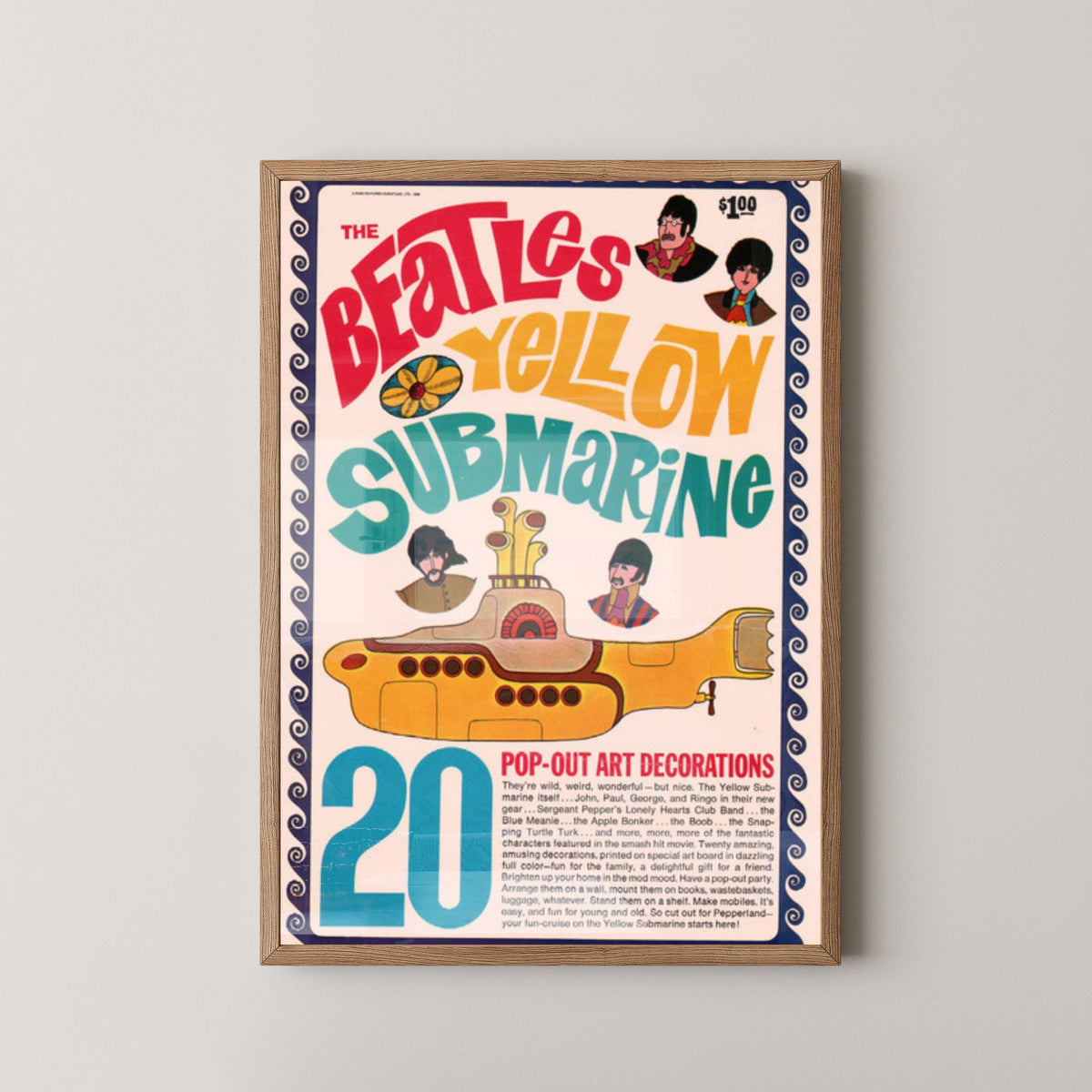 Beatles Yellow Submarine Retro Graphic Poster – light wood frame mockup