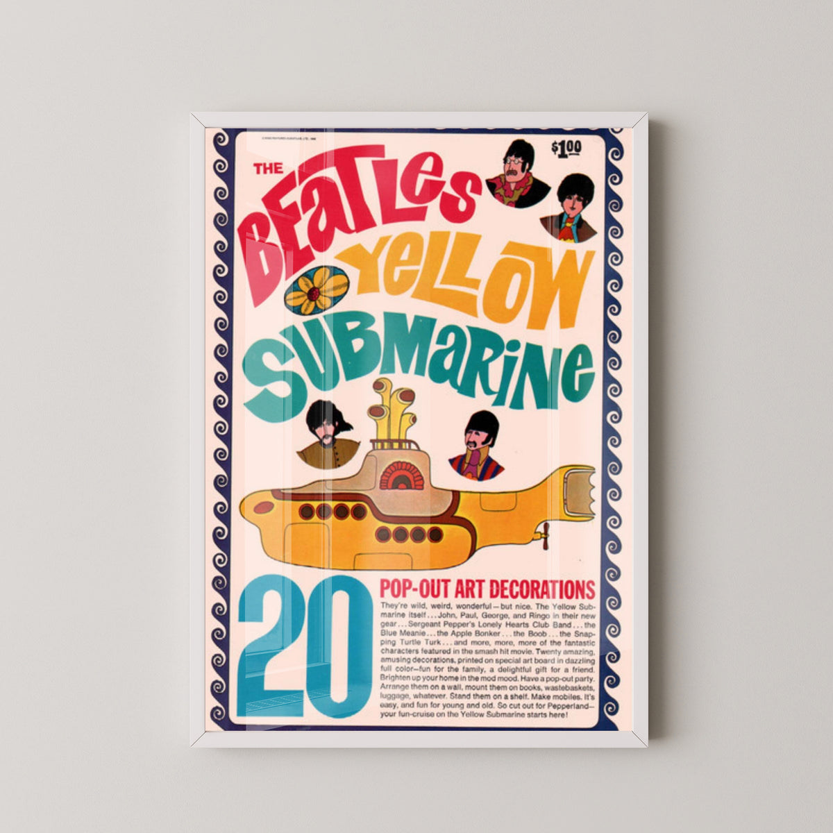 Beatles Yellow Submarine Retro Graphic Poster – white frame mockup