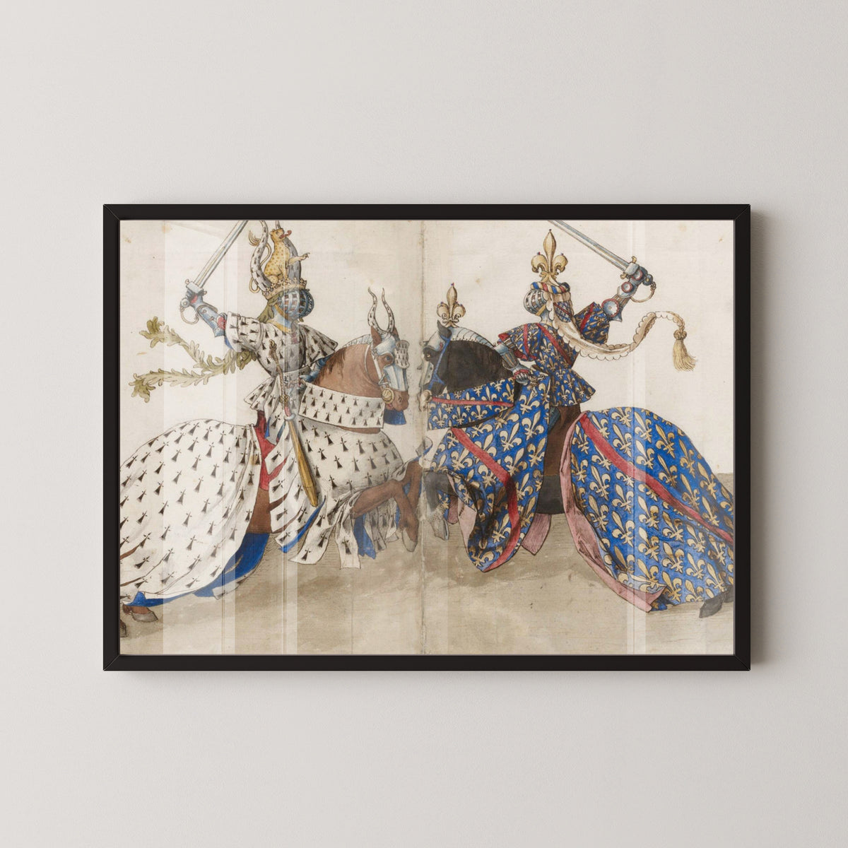 Knight Duel Medieval Combat Poster – black frame mockup