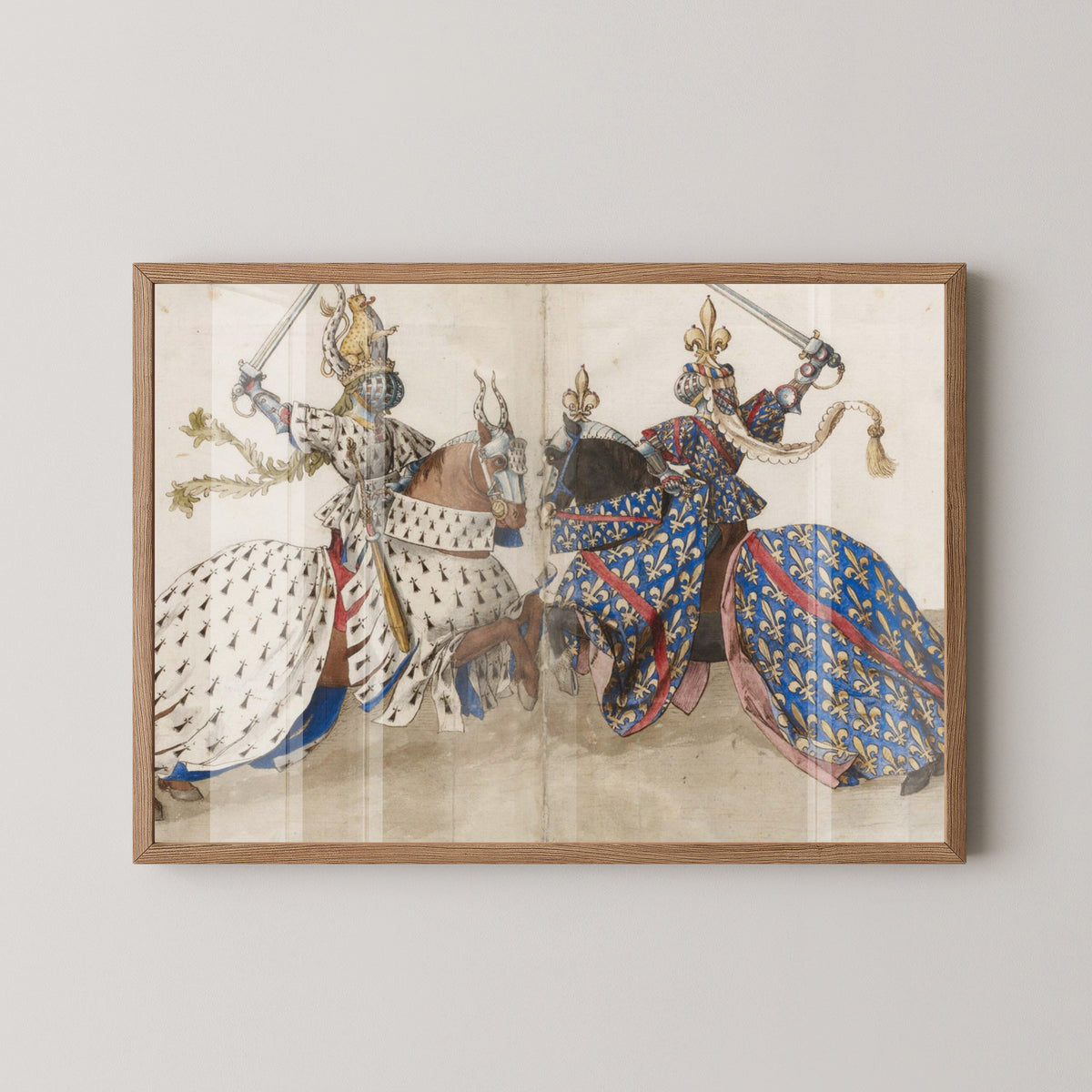 Knight Duel Medieval Combat Poster – light wood frame mockup