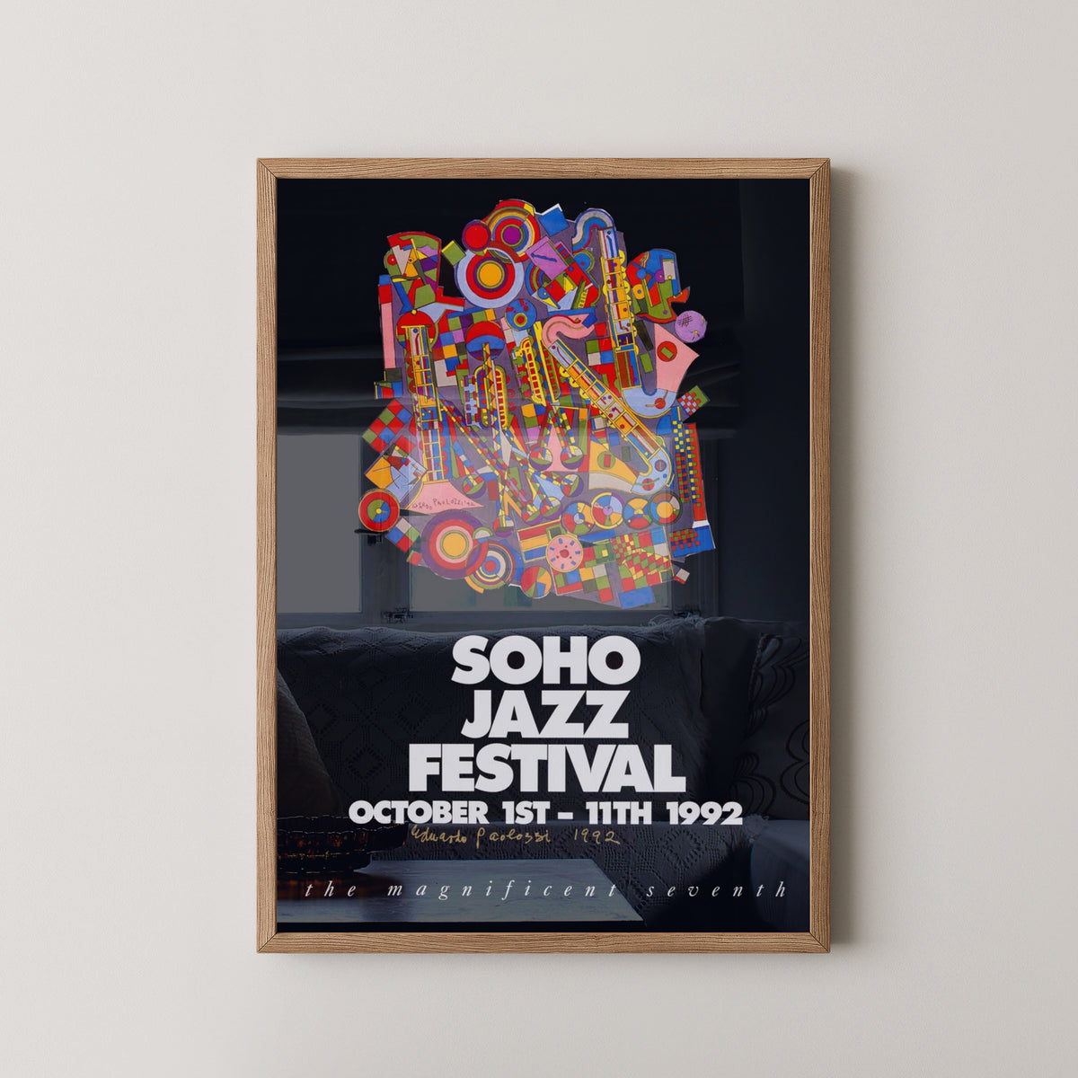 Soho Jazz Festival 1992 Poster – London Music Art – light wood frame mockup