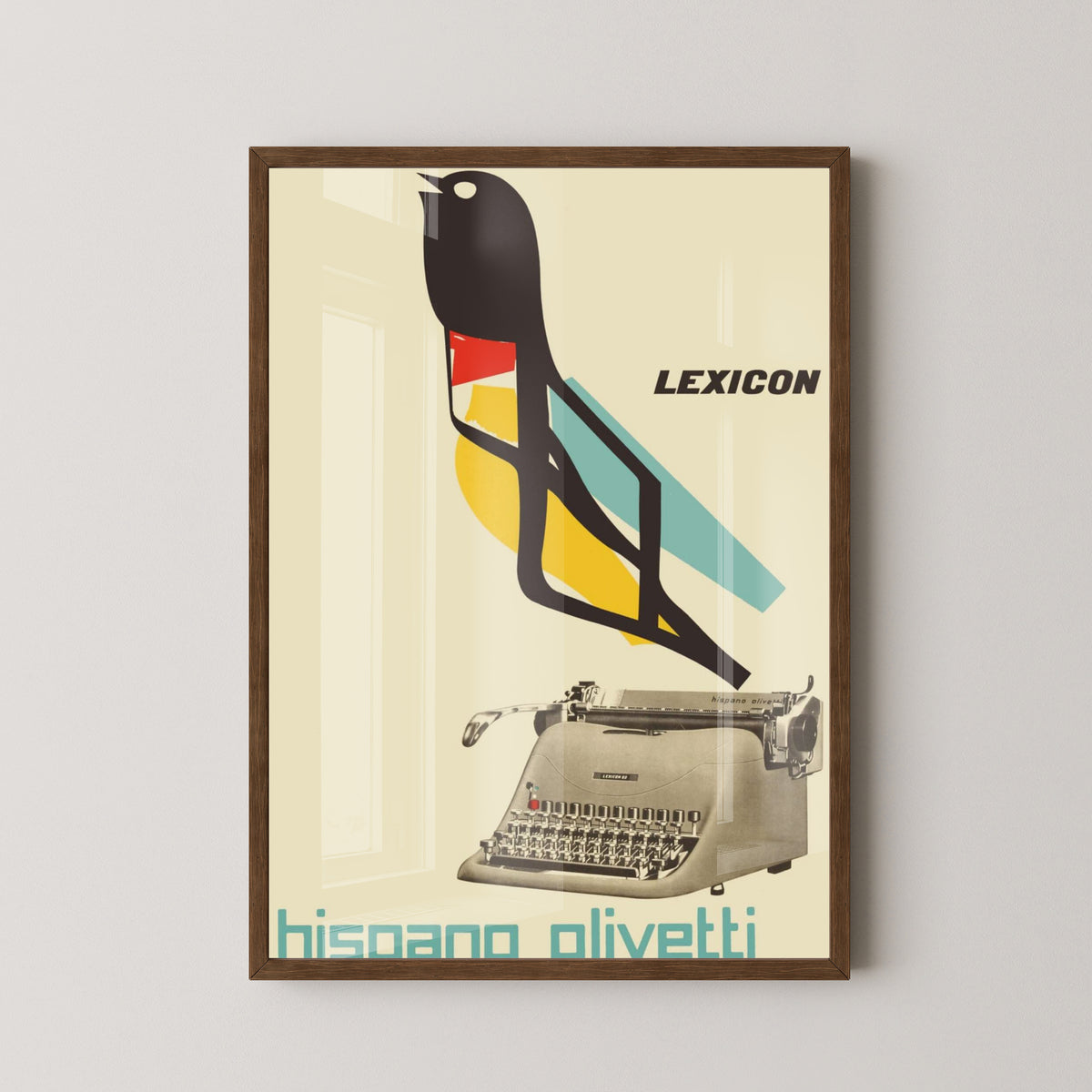 Hispano Olivetti Poster – Vintage Typewriter Advertising Art – dark wood frame mockup