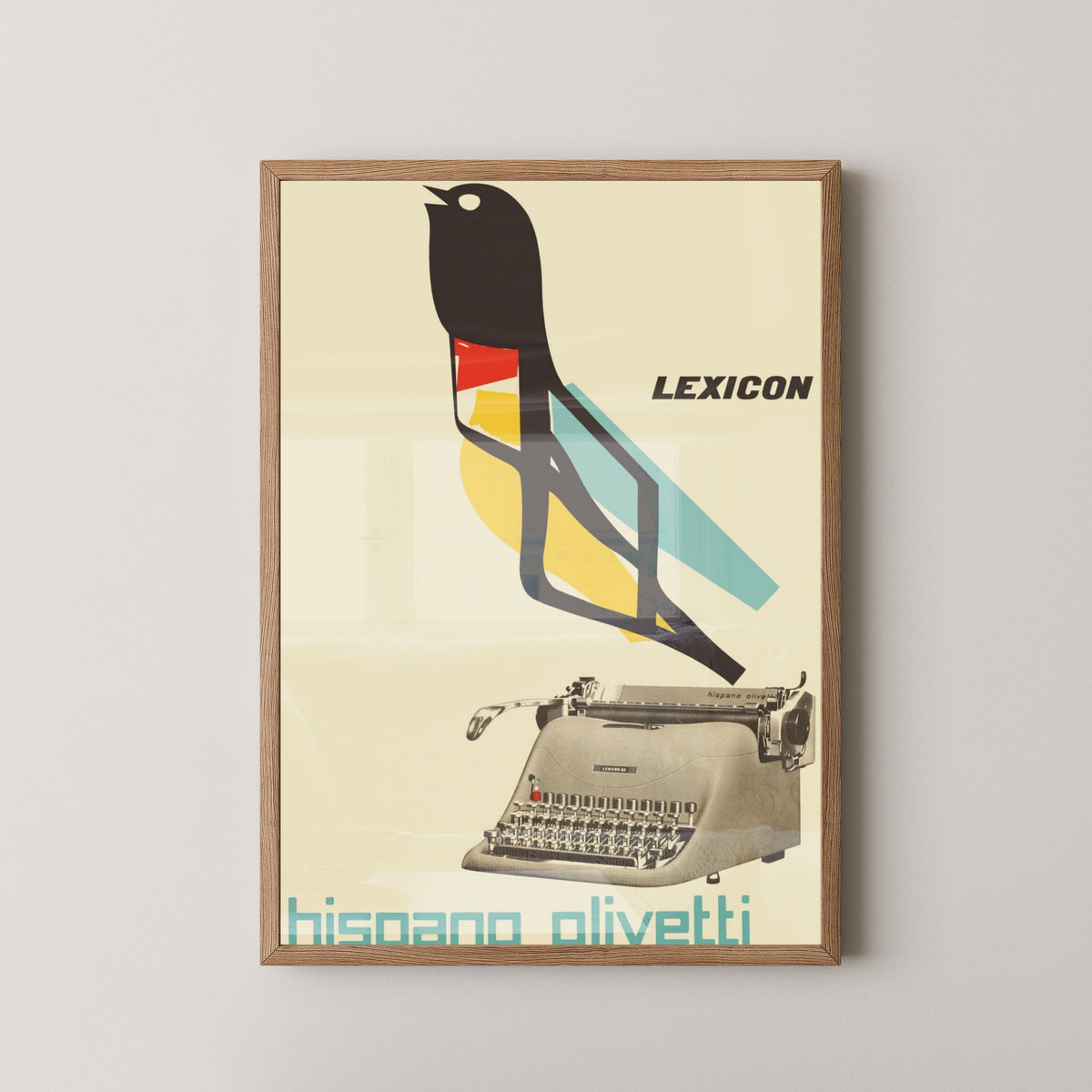 Hispano Olivetti Poster – Vintage Typewriter Advertising Art – light wood frame mockup