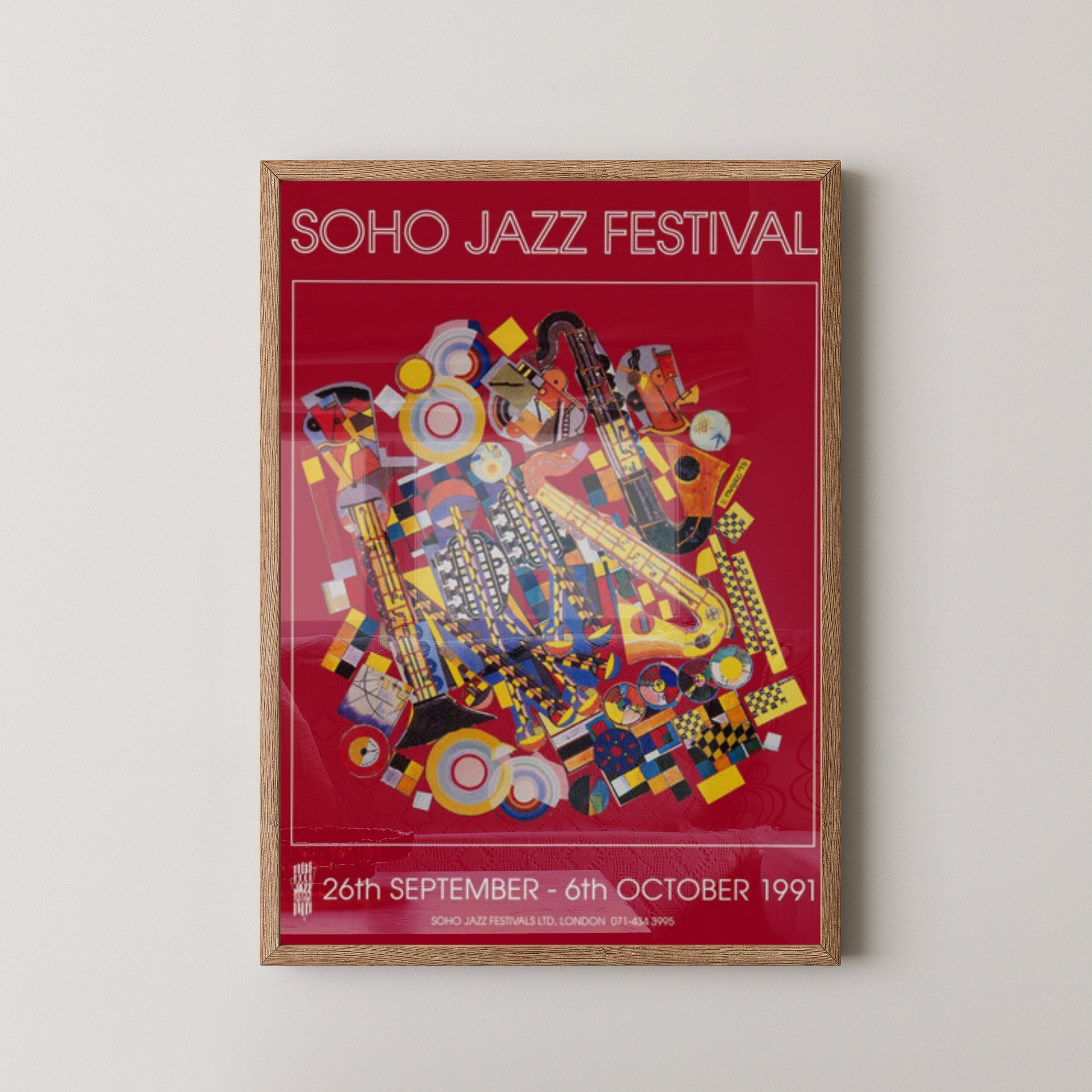 Soho Jazz Festival 1991 Poster – London Music Art – light wood frame mockup