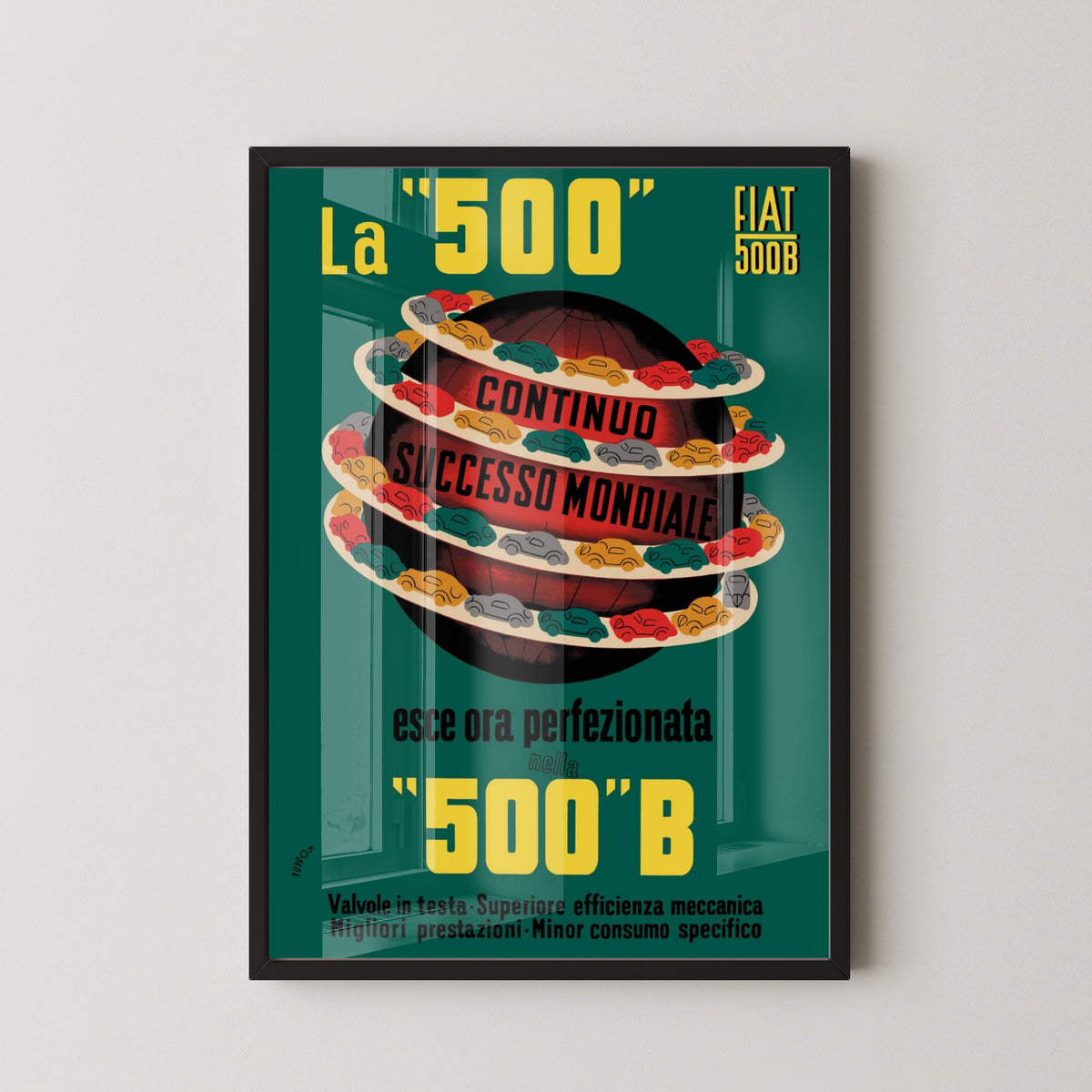 Fiat 500 Vintage Poster – Classic Italian Car Art – black frame mockup
