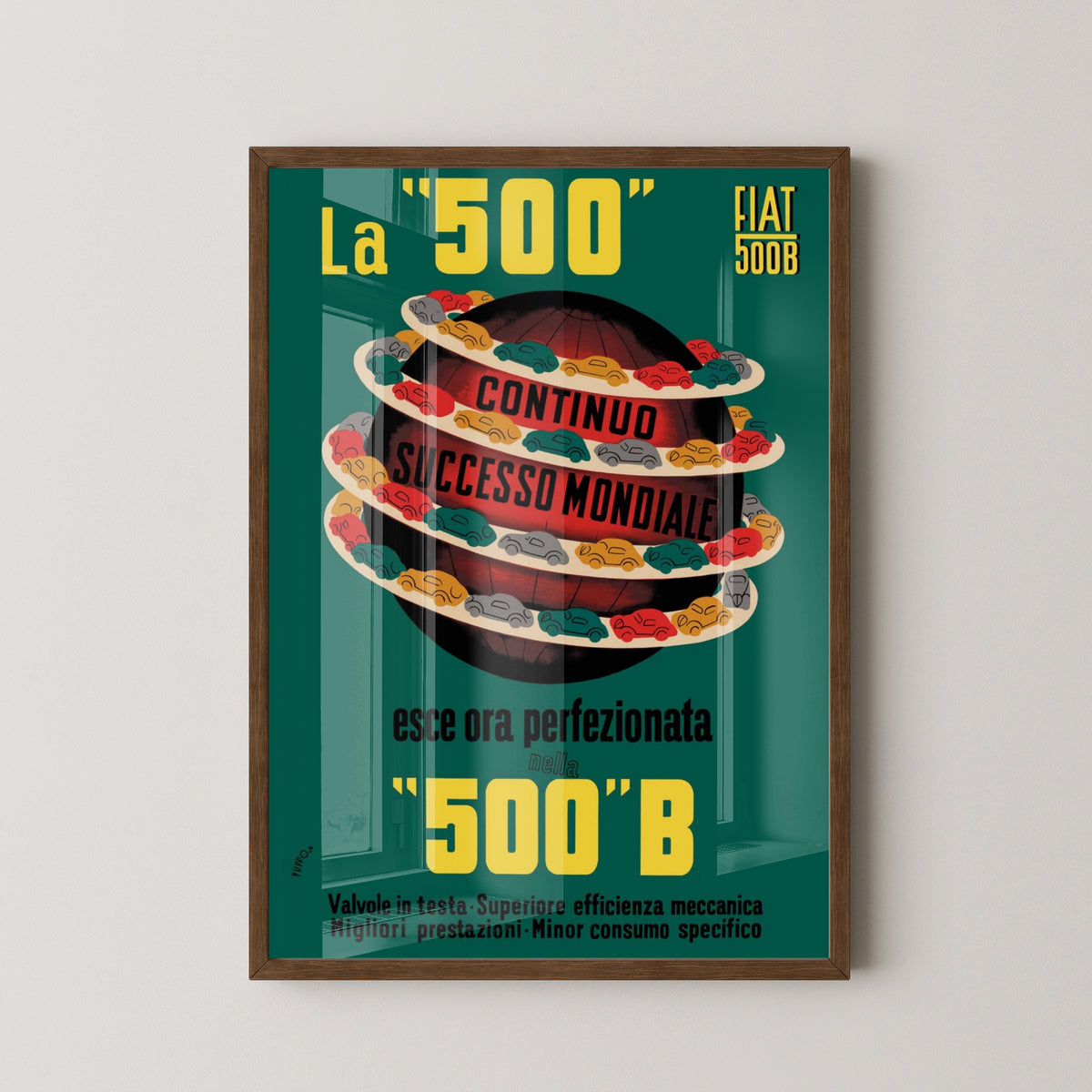 Fiat 500 Vintage Poster – Classic Italian Car Art – dark wood frame mockup