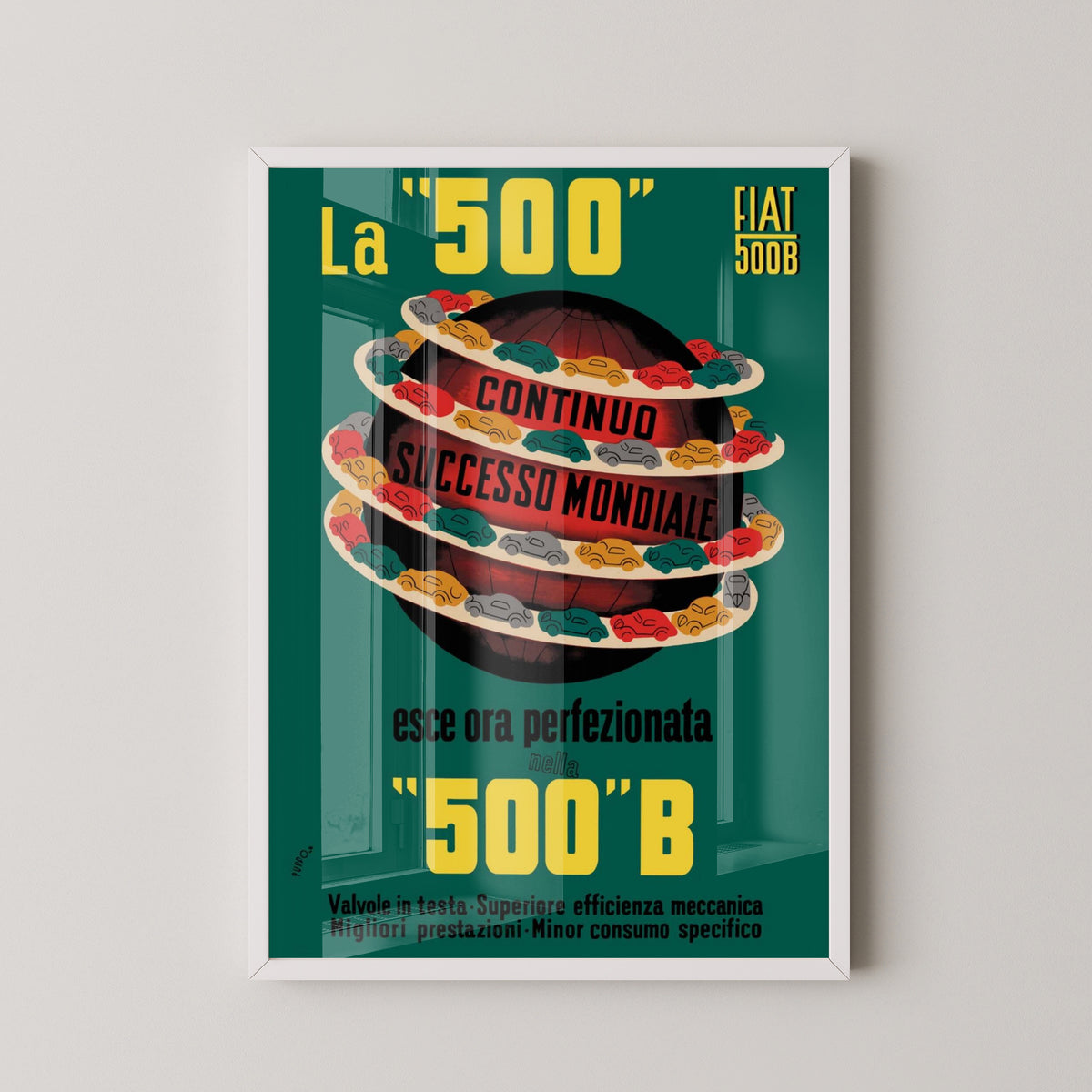 Fiat 500 Vintage Poster – Classic Italian Car Art – white frame mockup