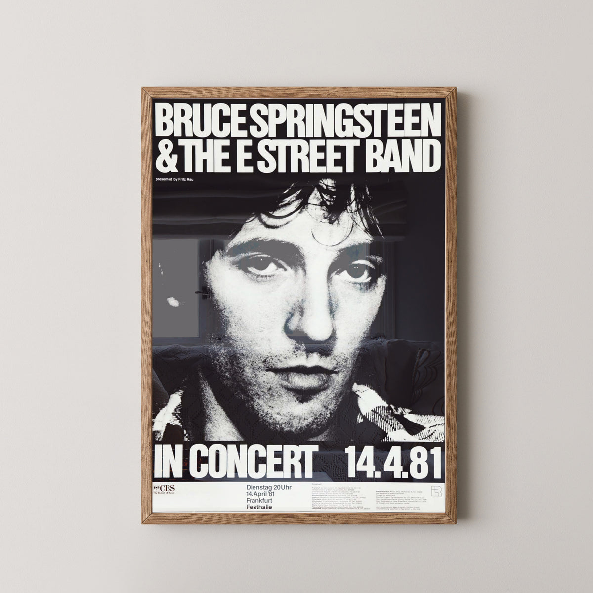 Bruce Springsteen 1981 Frankfurt Concert Poster – light wood frame mockup